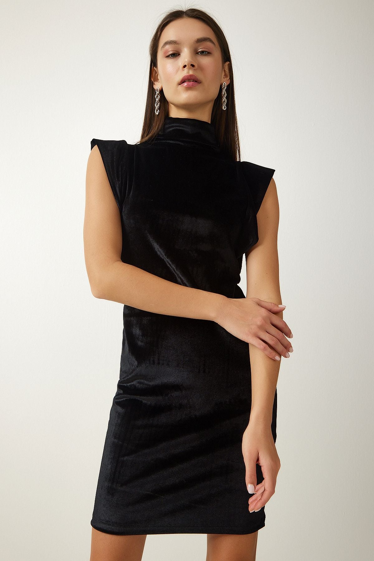 Woman black upright collar stylish velvet dress mc00251