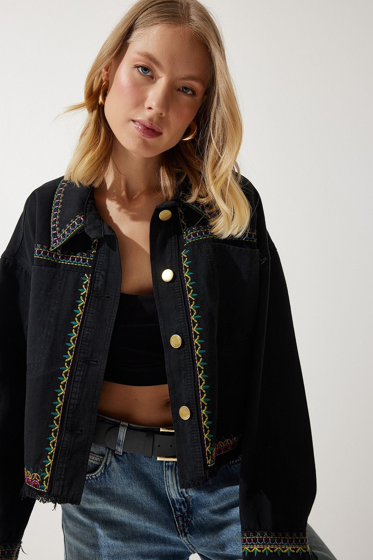 Female Black Embroidered Tassel Oversize denim jacket sa00018