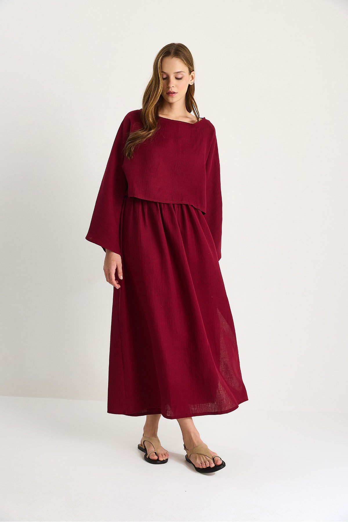 Women's Bat Sleeve Crop Slit Detail Skirt Muslin Suit 9280-1 60283504