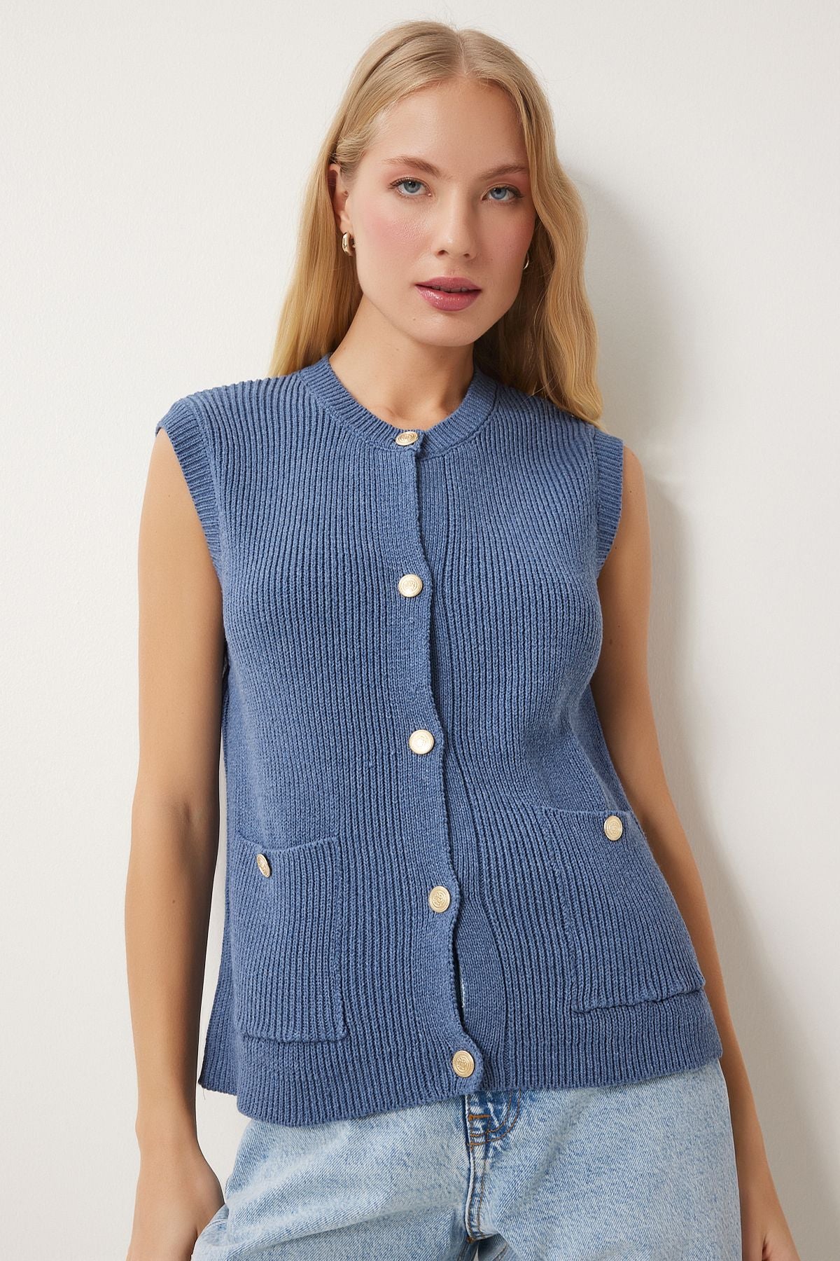 Women's Indigo Blue Stylish button with pocket knitwear vest US00948