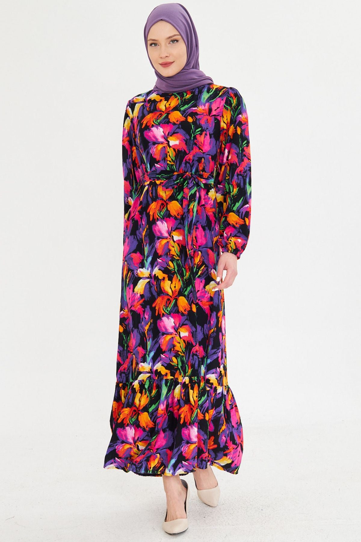 Female Purple Zero Back Back Zipper Skirt End Long Hijab Dress with Ruffle Born Arm-25k001101