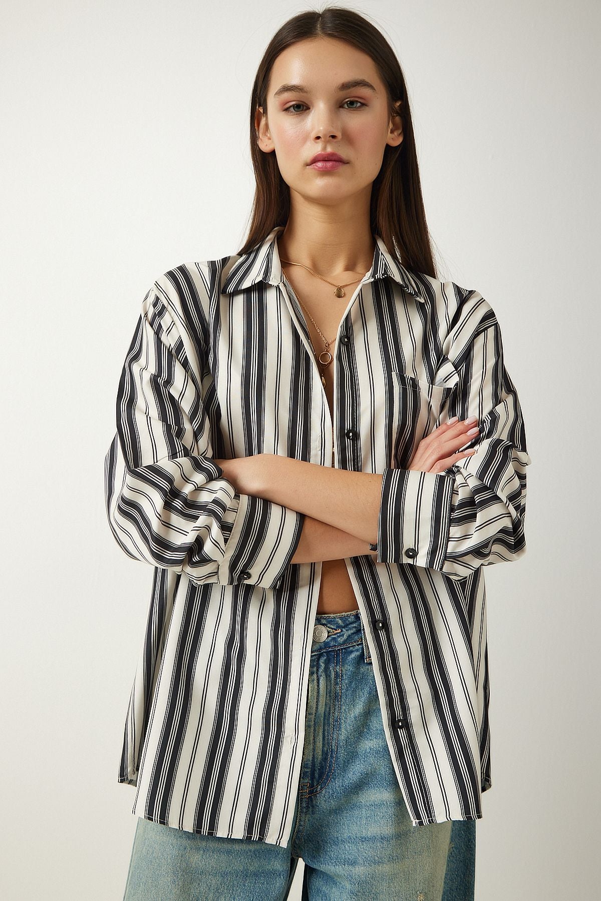 Women's Cream Black Striped Oversiz knit shirt SF00007