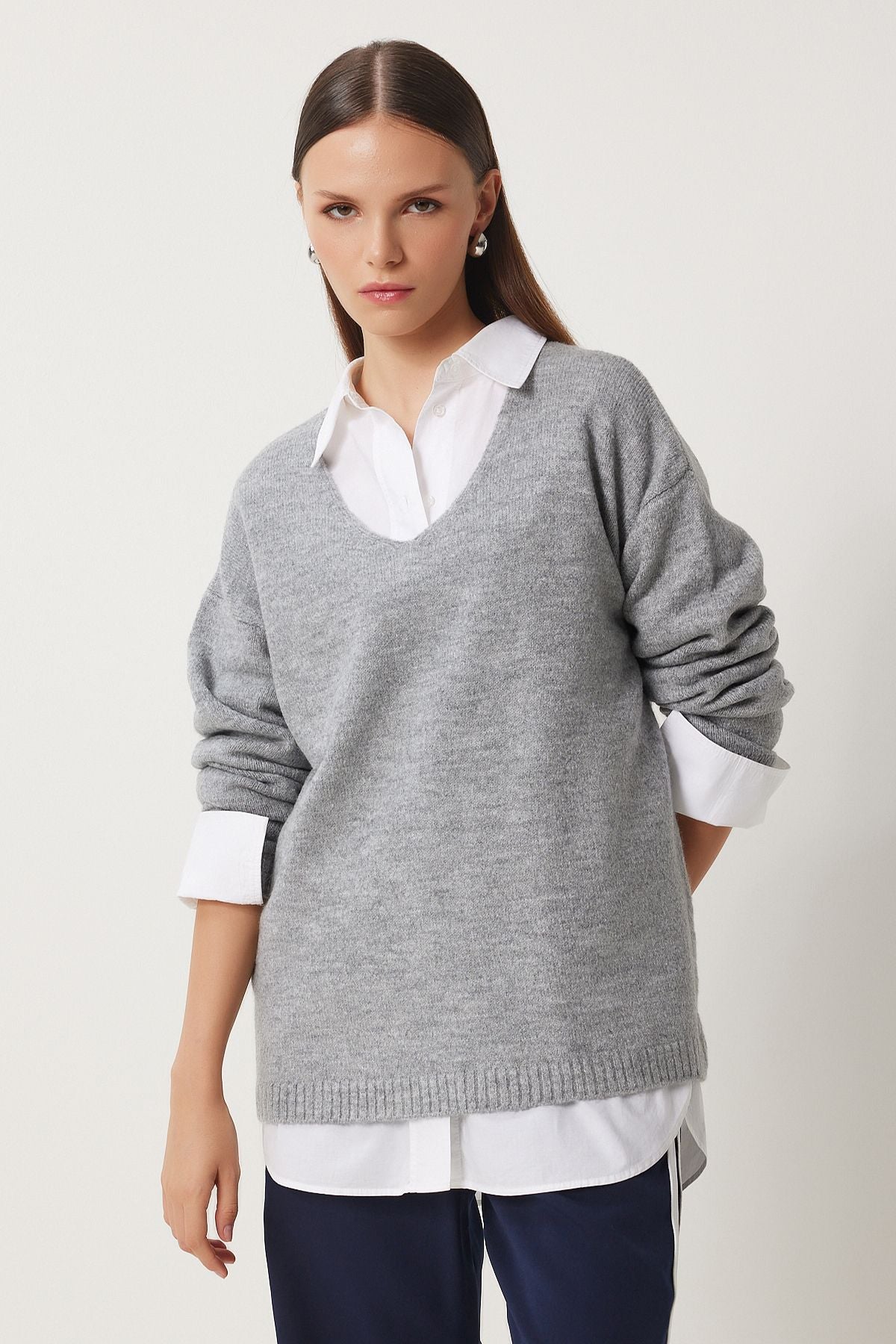 Women's Gray V -Yaka Knitwear Kazakh ZA00063