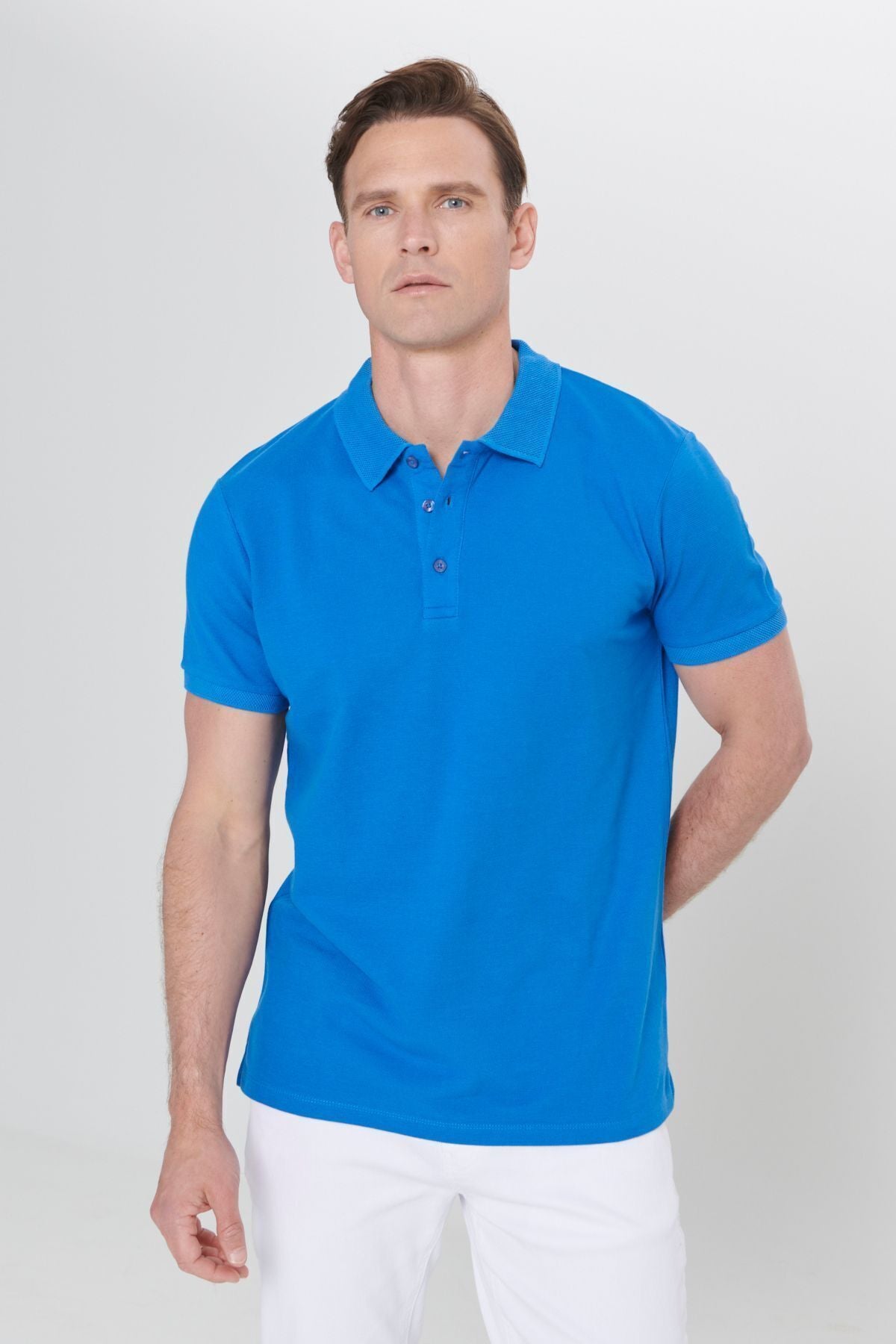 Male Royal Blue 100 %Cotton Curiated Pike Polo Slim Slim Fit Narrow Cut T -shirt