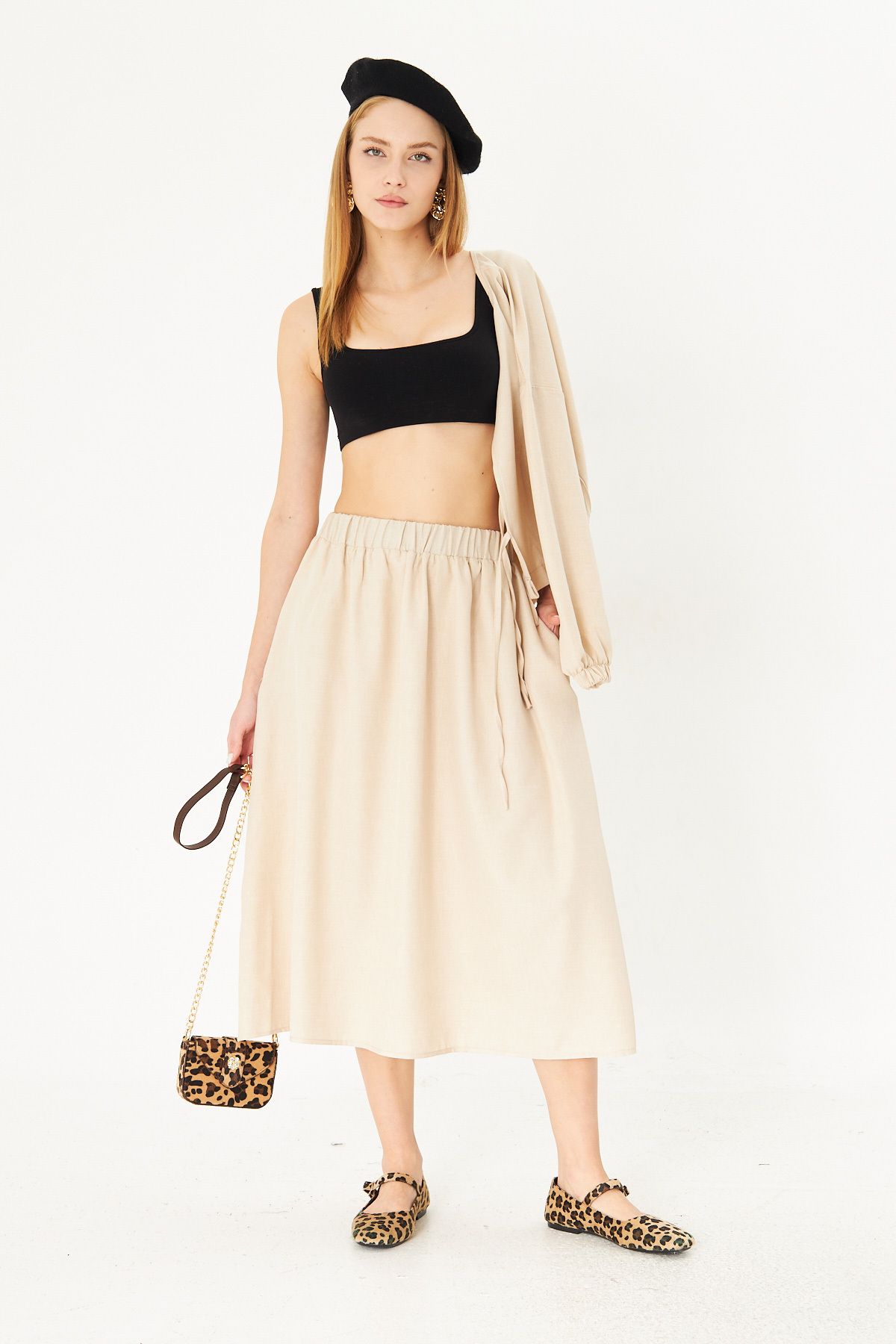 Female Beige Waist Midi Pocket Midi Skirt ARM-25K001010