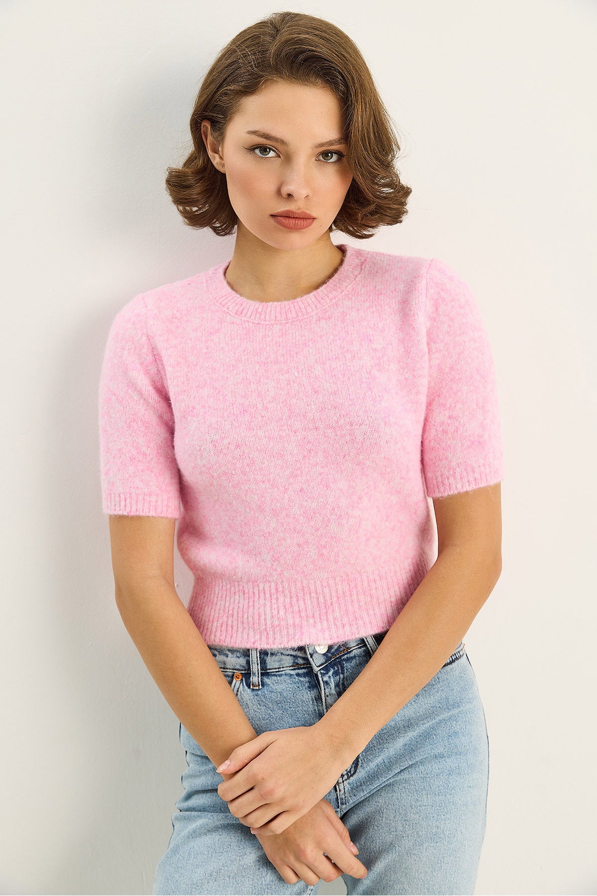 Women's Crew Neck Short Sleeve Basic Knitwear Sweater 9037 60283747