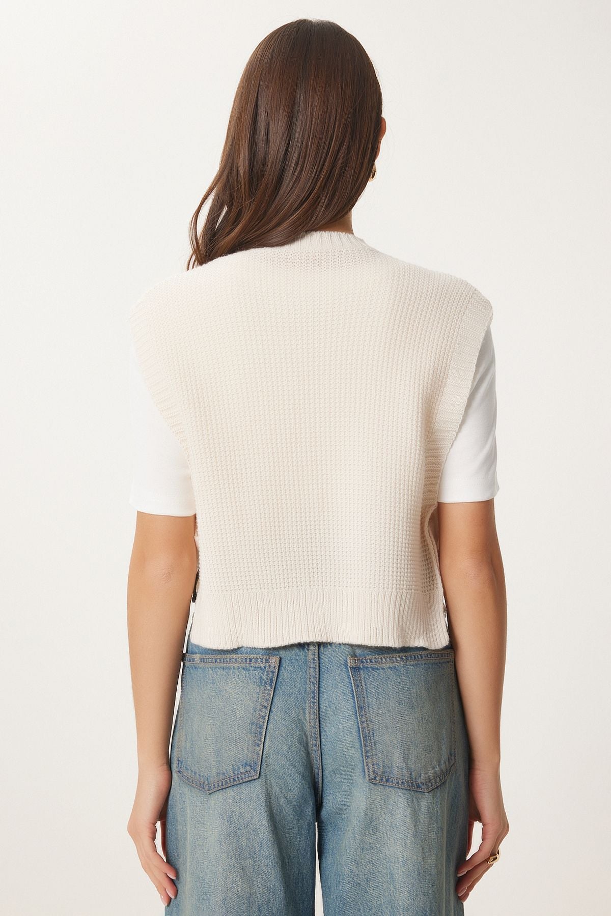 Women's Cream Flower Embroidered Crop Knitwear Süvemeter KG00013