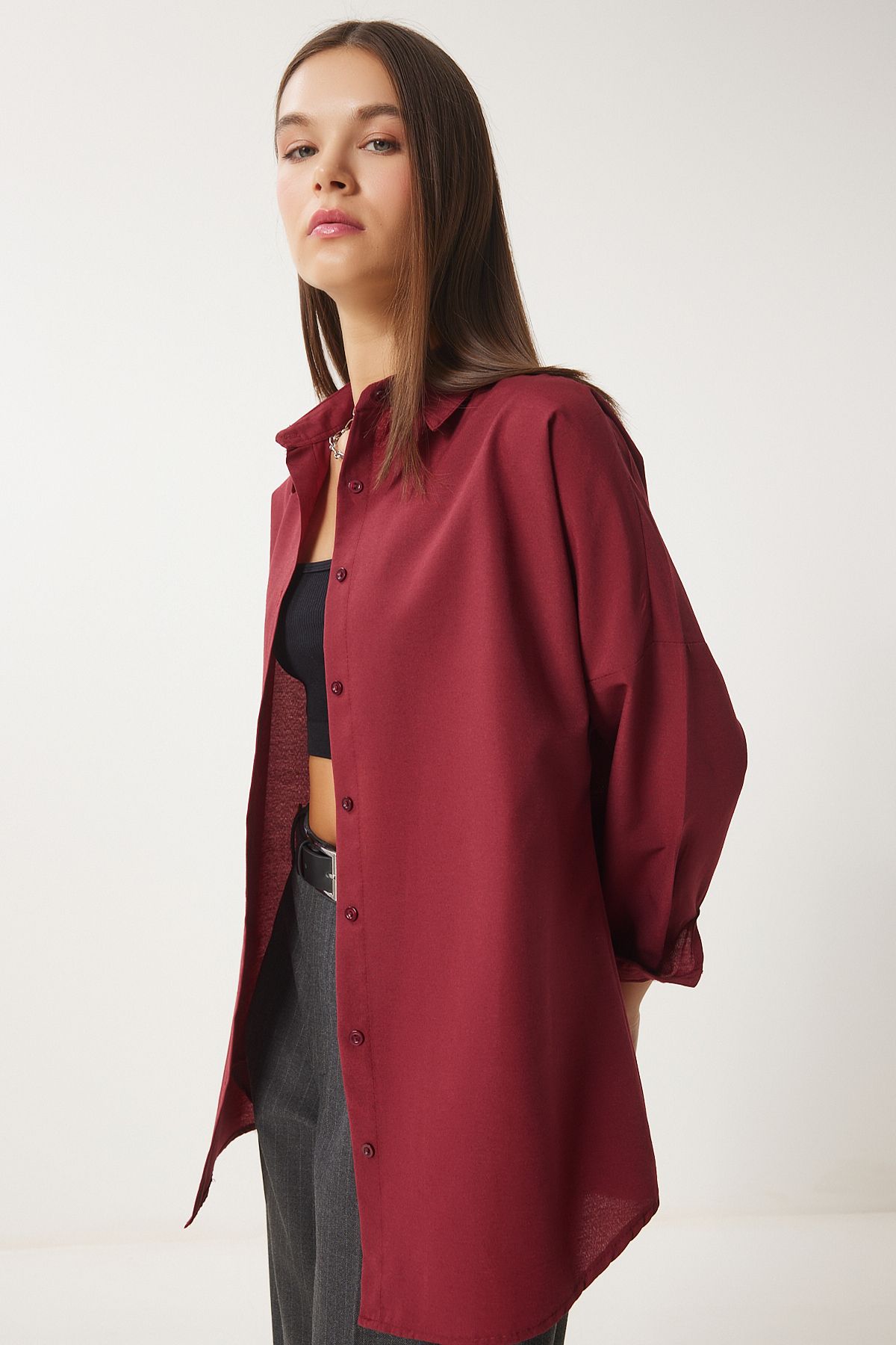 Woman Bordeaux Oversize Long Basic Shirt DD00842