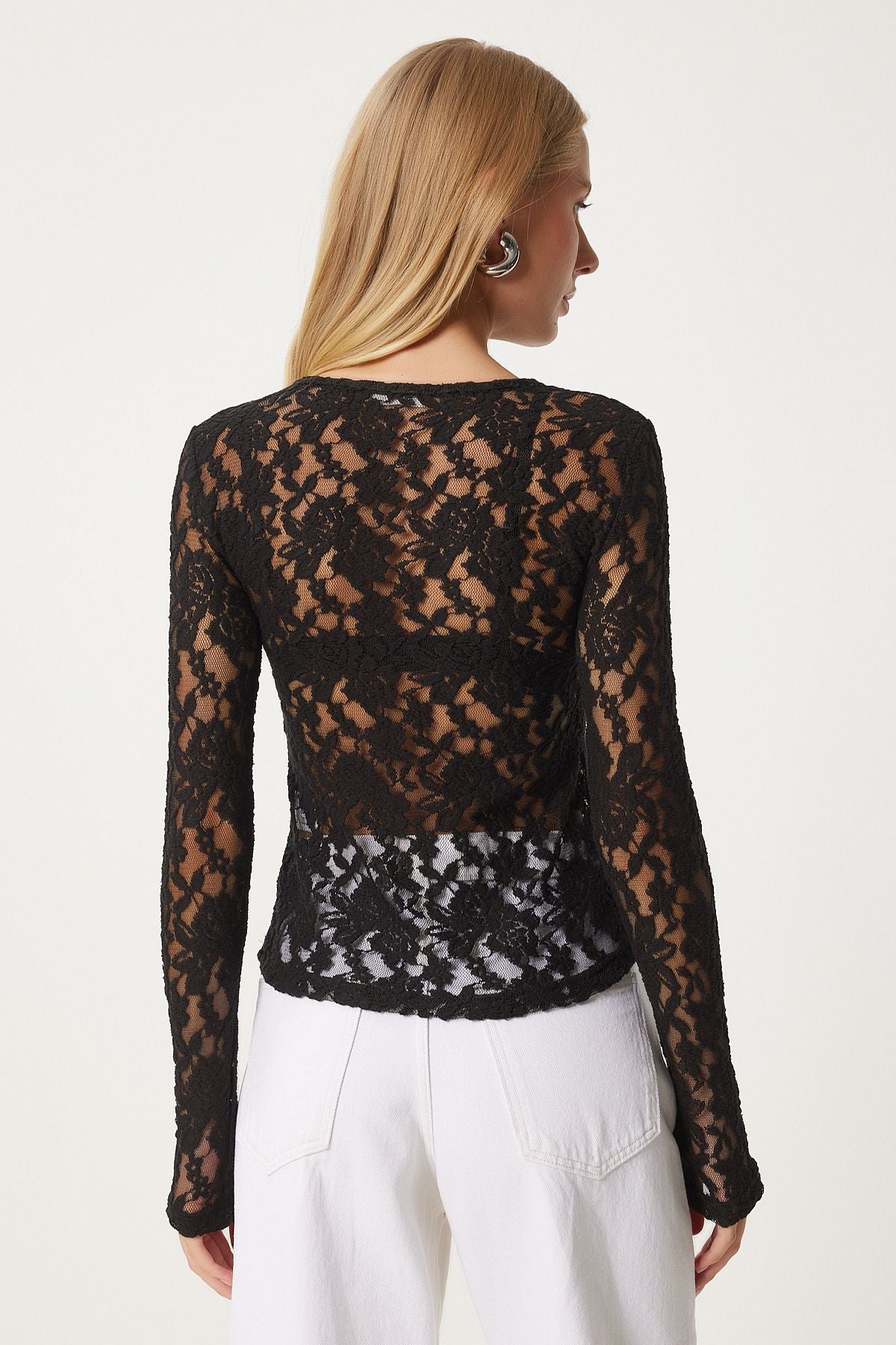 Woman Black Transparent Lace Woven Blouse UL00040