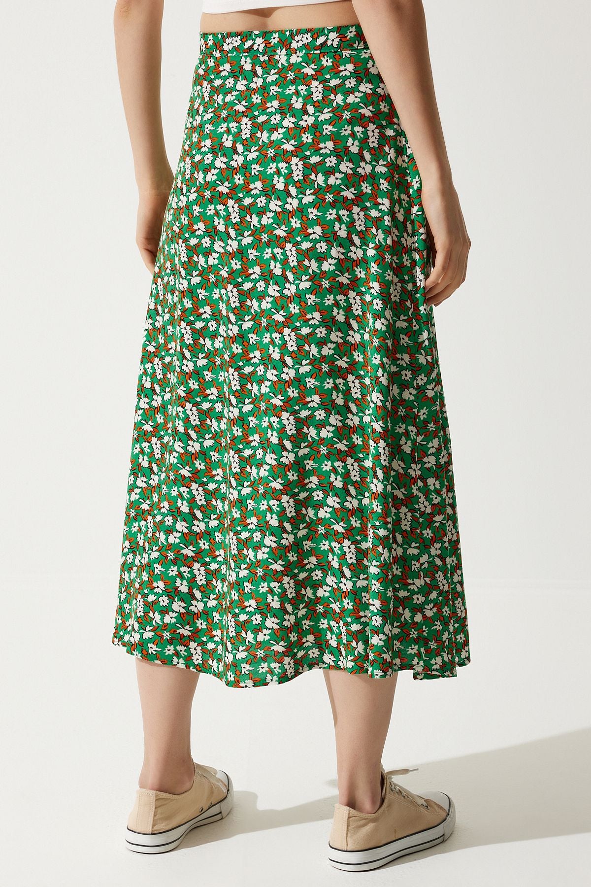 Female green orange floral slit summer viscose skirt MX00165