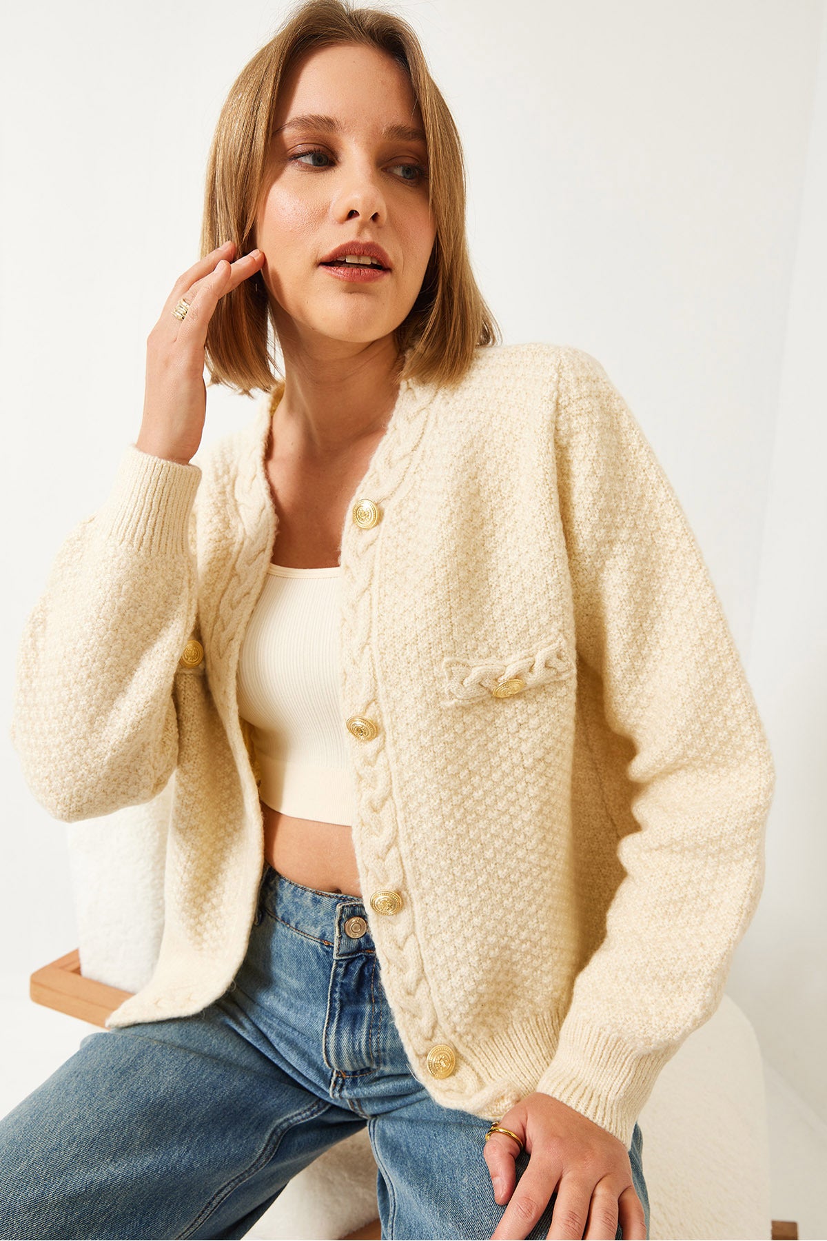 Women's Braided Buttoned Knitwear Cardigan 60031036