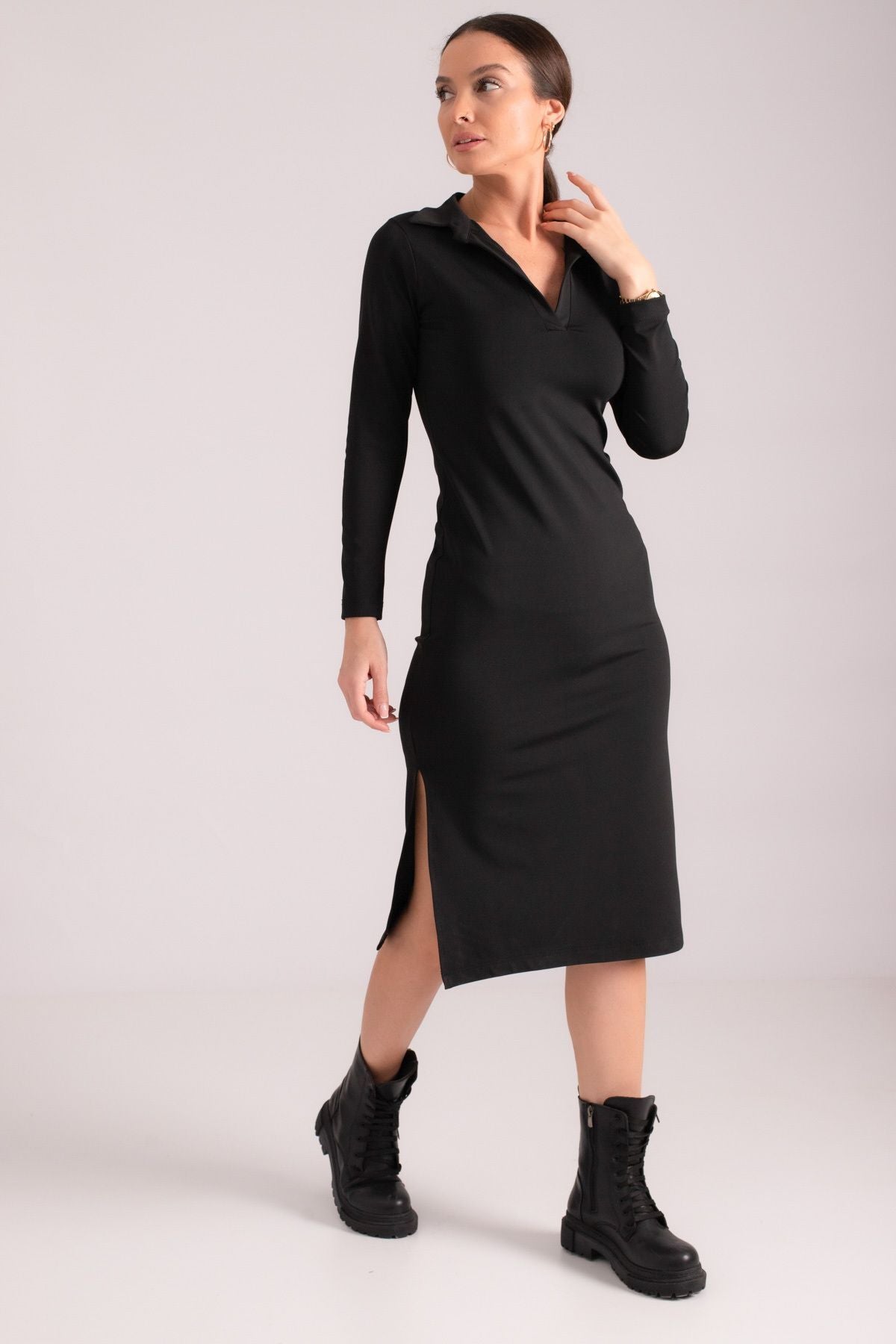 Women's black body sitting shirt collar next to the slit long dress ARM-24K001074