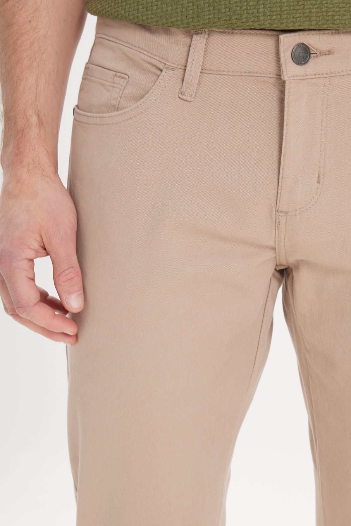 Men's Beige Slim Fit Narrow Cut 5 pocket cotton canvas flexible chino pants