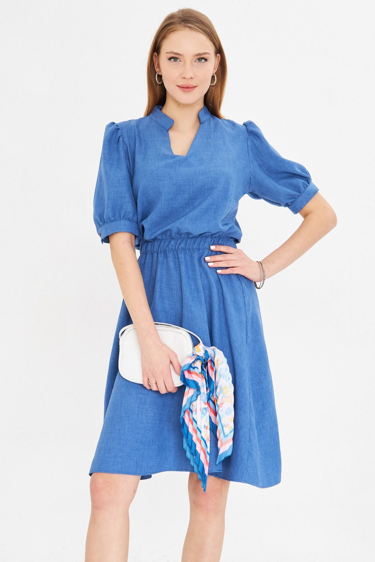 Woman Dark Blue V-Yaka Waist Waist Tire Short Sleeve Clash Dress ARM-25Y001001