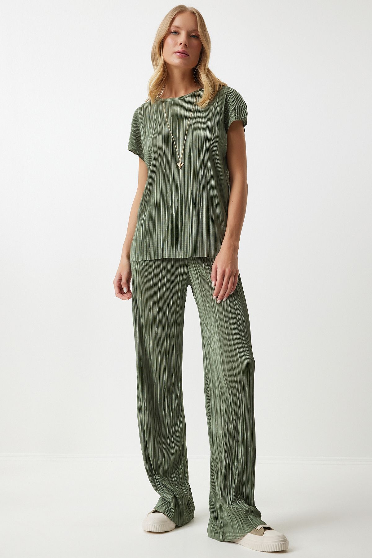 Female Cagla Green Pilisle Casual Blouse Pants Set Mc00283