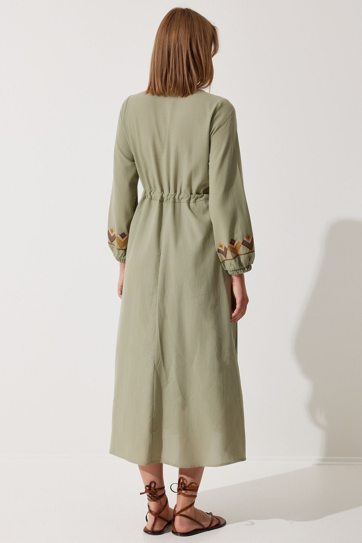 Woman Khaki Embroidery Detailed Oversizle Linen Dress RG00027