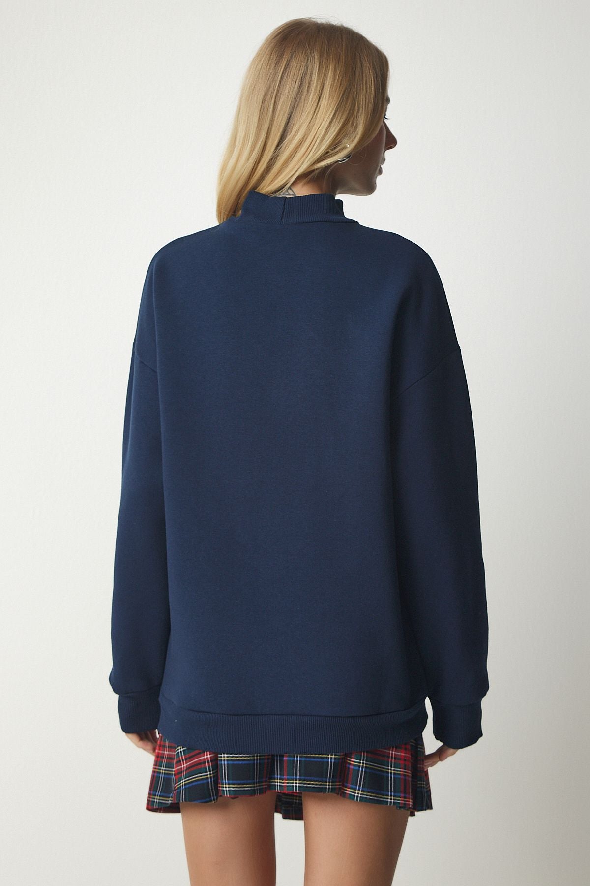 Woman Navy blue upright collar basic shrdon Sweatshirt UB00166