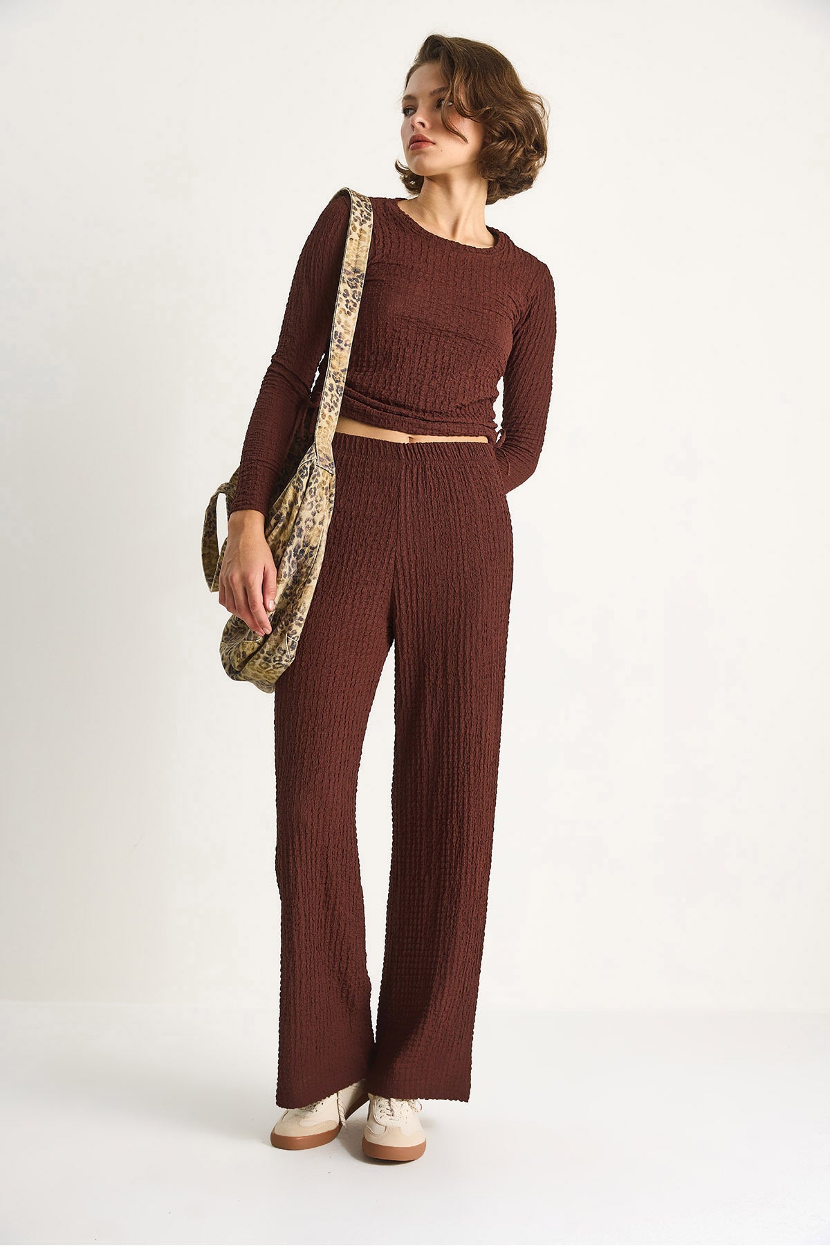 Women's Sweater Suit with Side Tie Crop Elastic Waist High Waist Trousers 8075 60284110