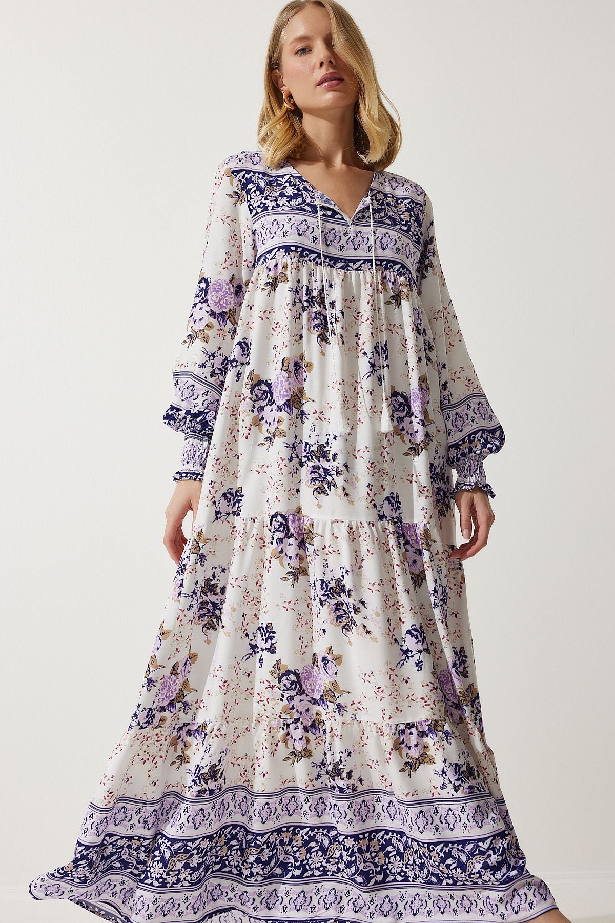Women's Lilac Patterned Oversize Long Viscose Dress DD01309