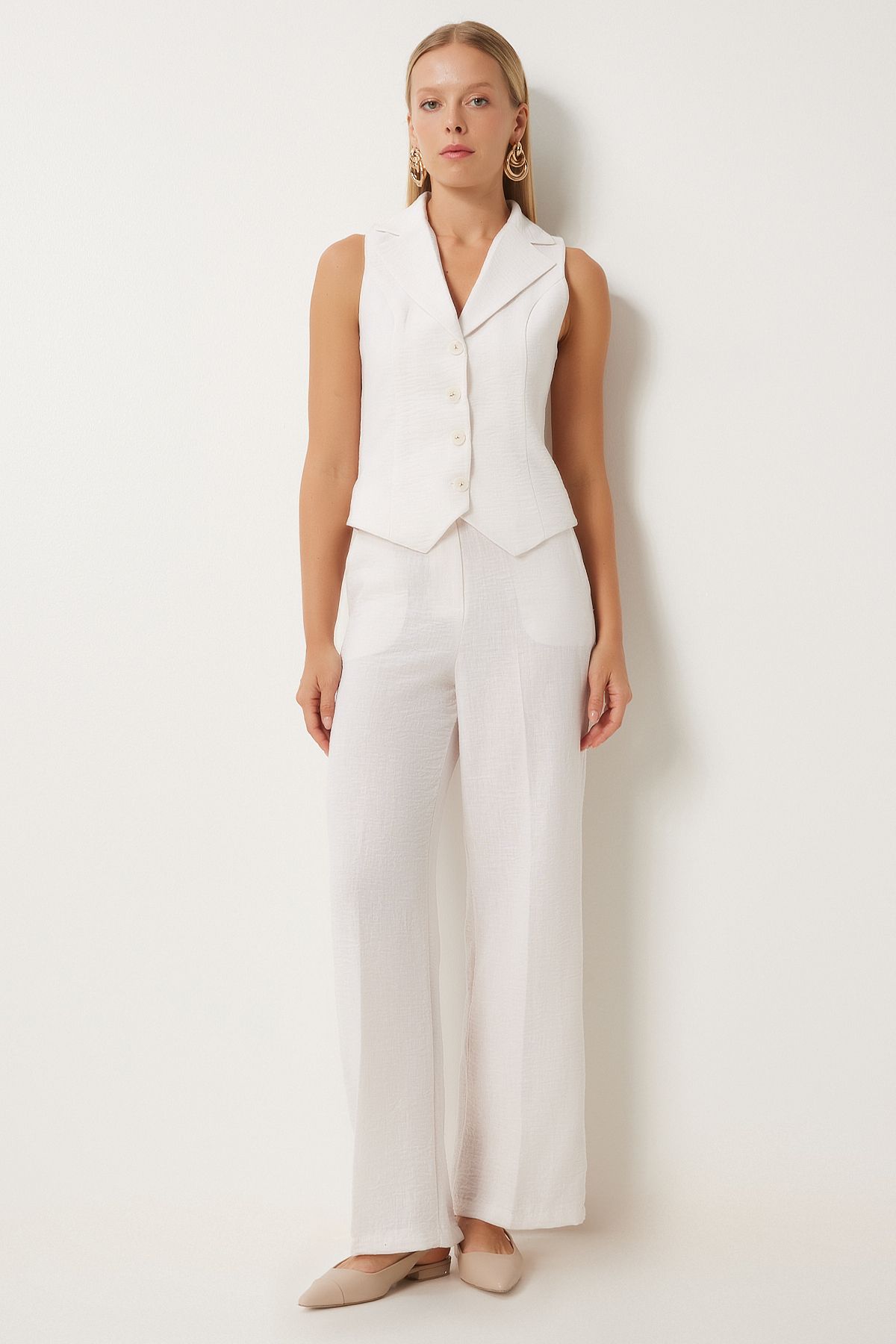 Women's Cream Light Transparent Shawl Yaka Vest Pants Set FN03231