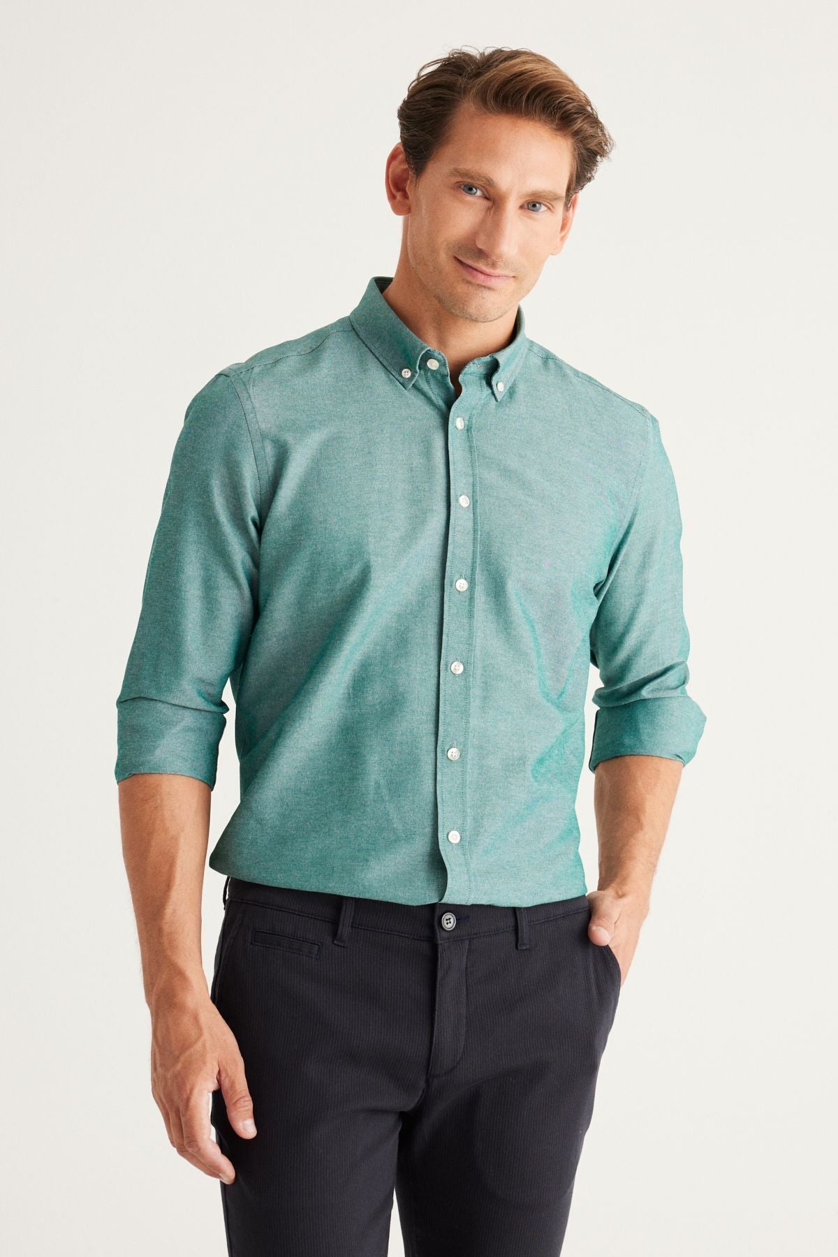 Men's Oxford Green Button Neck Easy ironable cotton slim fit narrow cut shirt