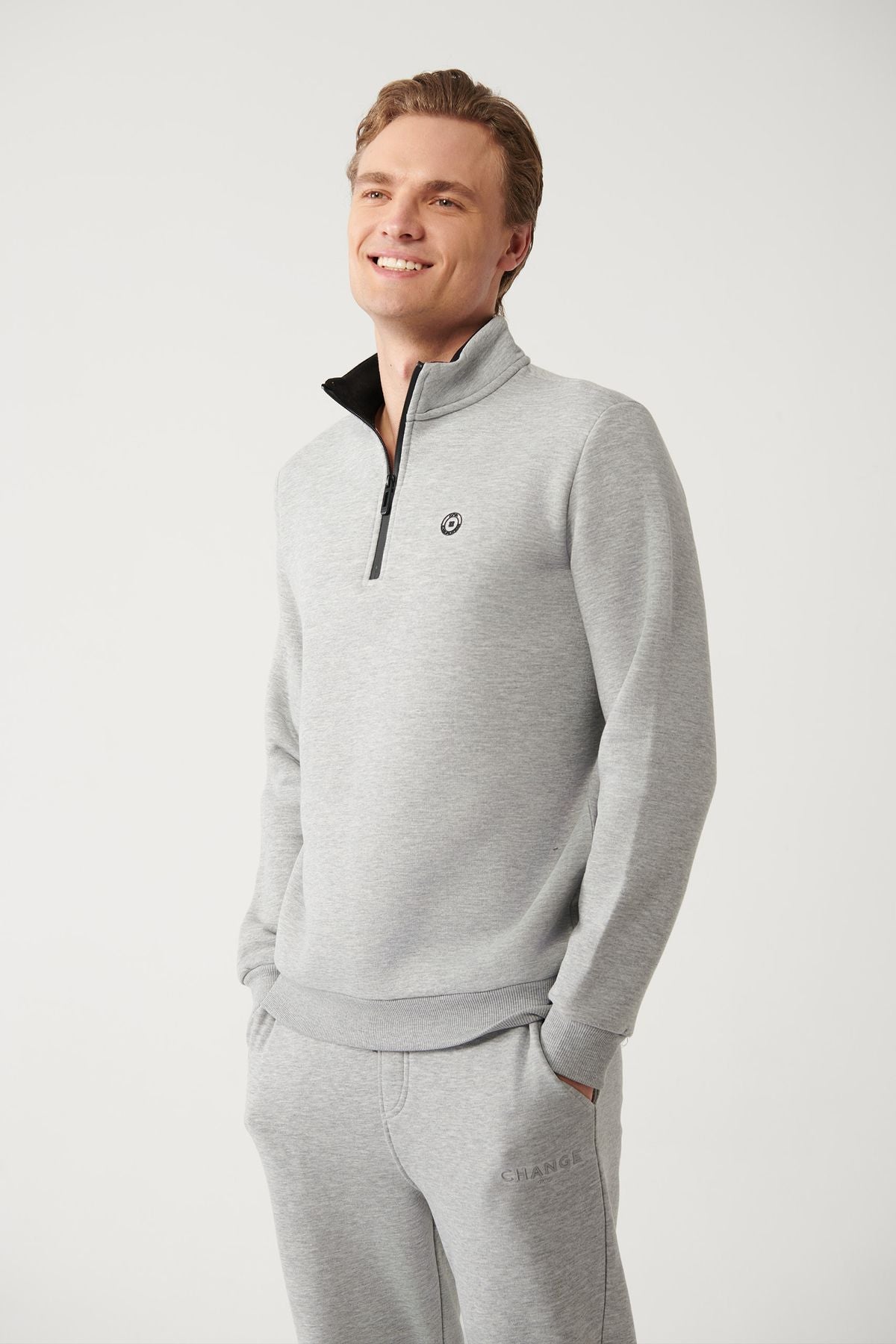 Men's gray upright collar zipper with a 3 -IP Sweatshirt E001020