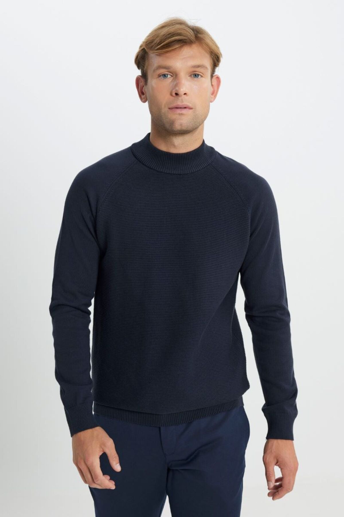 Cotton Standard Fit Normal Cut Half Fisherman Yaka Patterned knitwear navy blue sweater