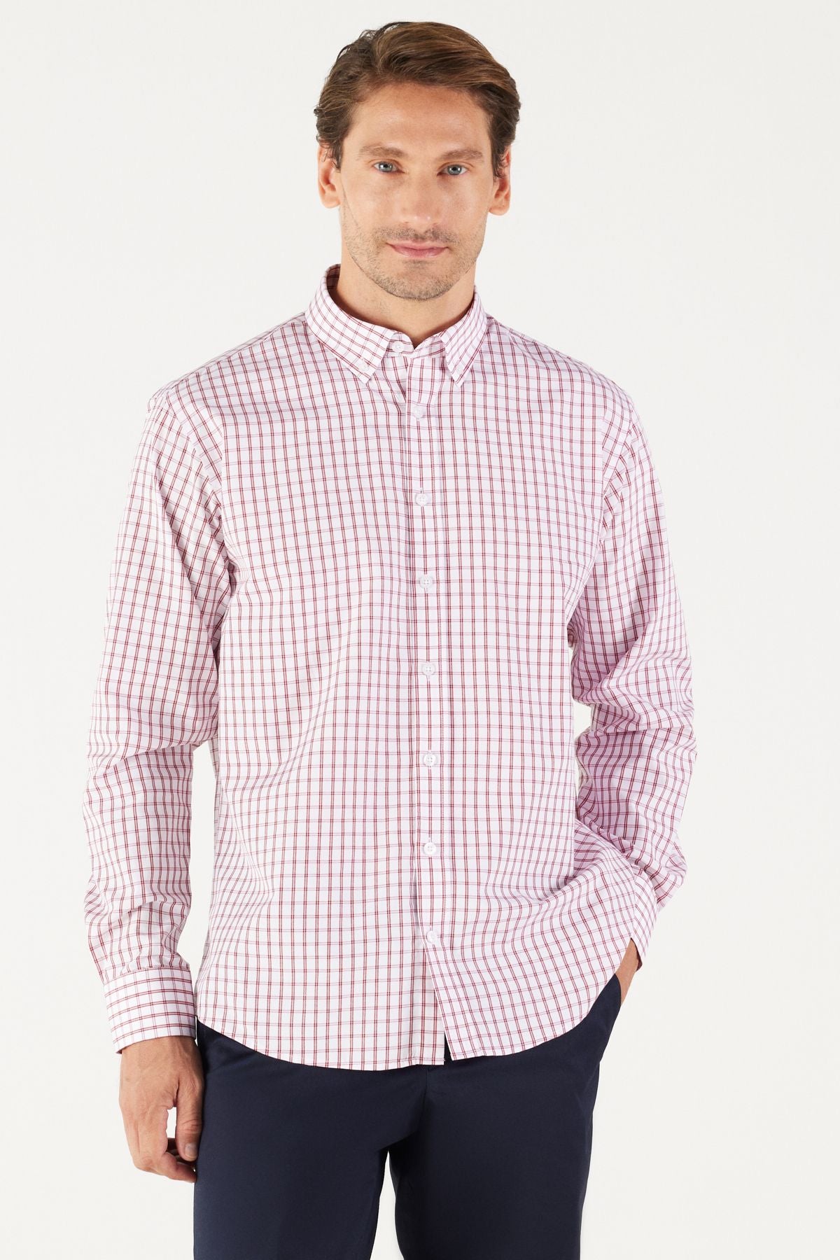 Men's White-Bordo Comfort Fit Casual Cutting Buttoned Neck Cotton Cotton Shirt
