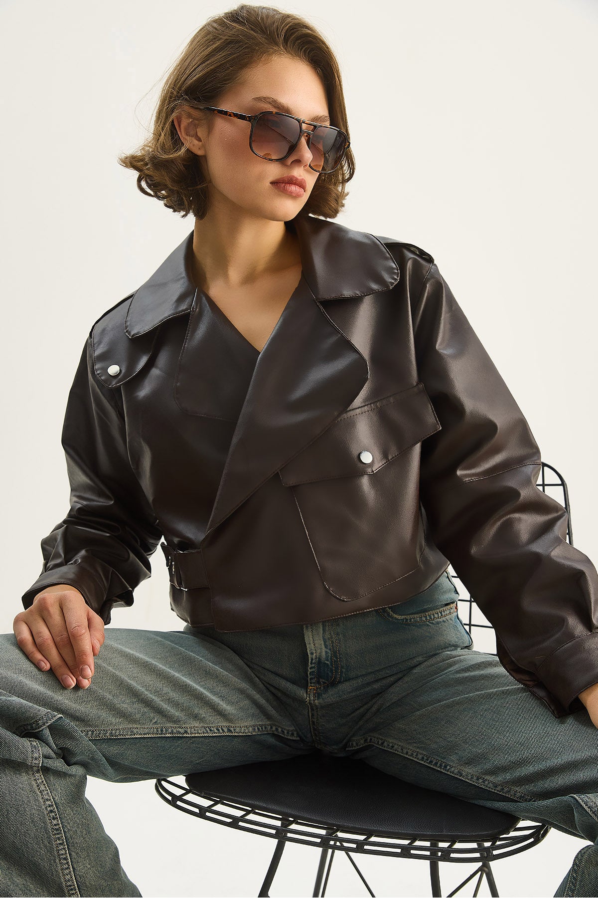 Women's Wide Pocket Detailed Belted Oversize Crop Leather Jacket 3129 60284102