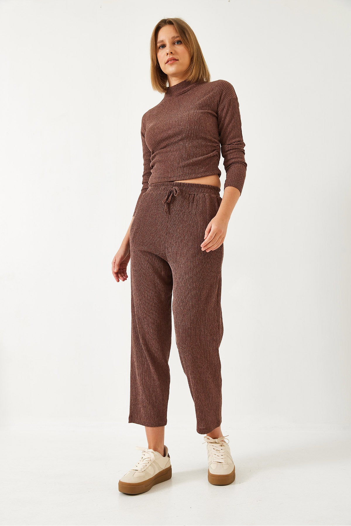 Women's Crop Blouse and Bottom-Top Set with Elastic Waist Trousers 60261363