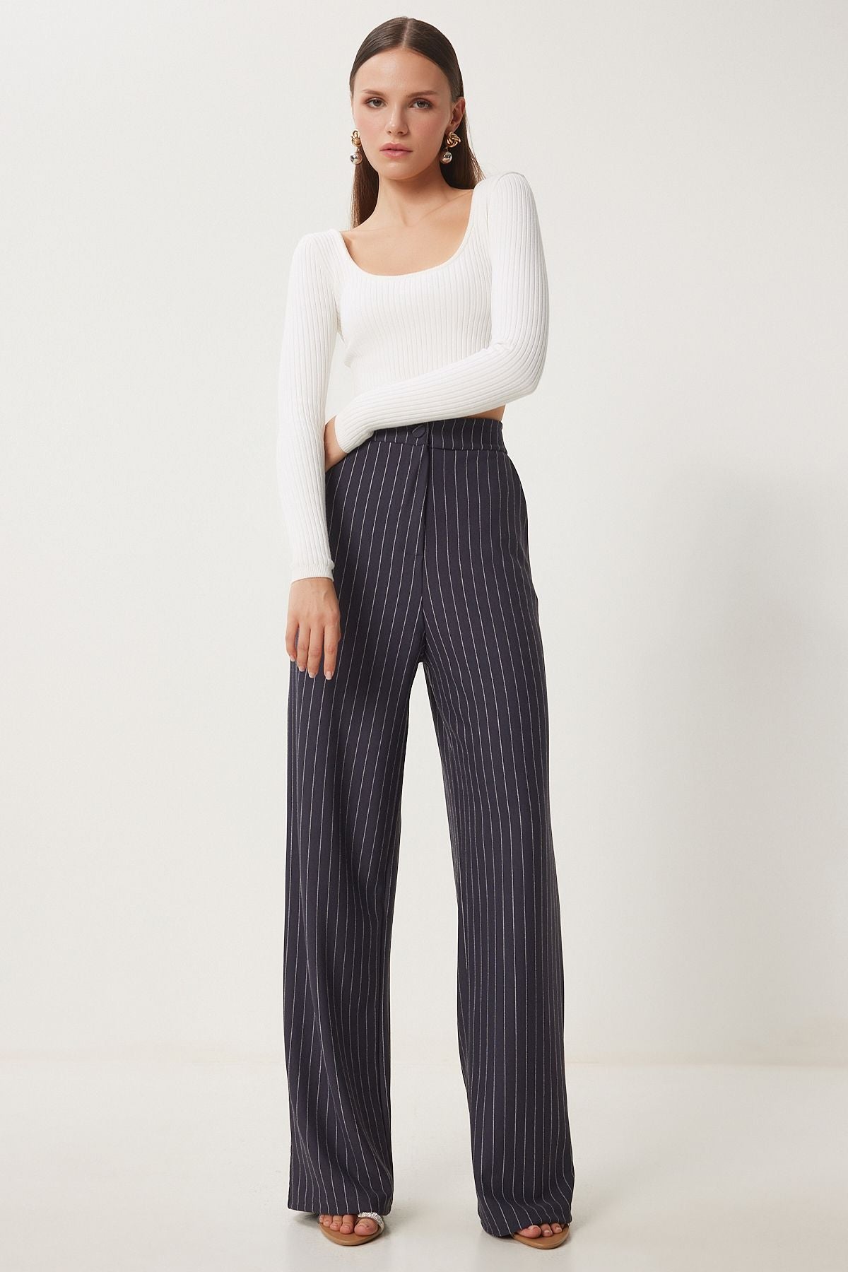 Female anthracite striped comfortable weaving pants to00158