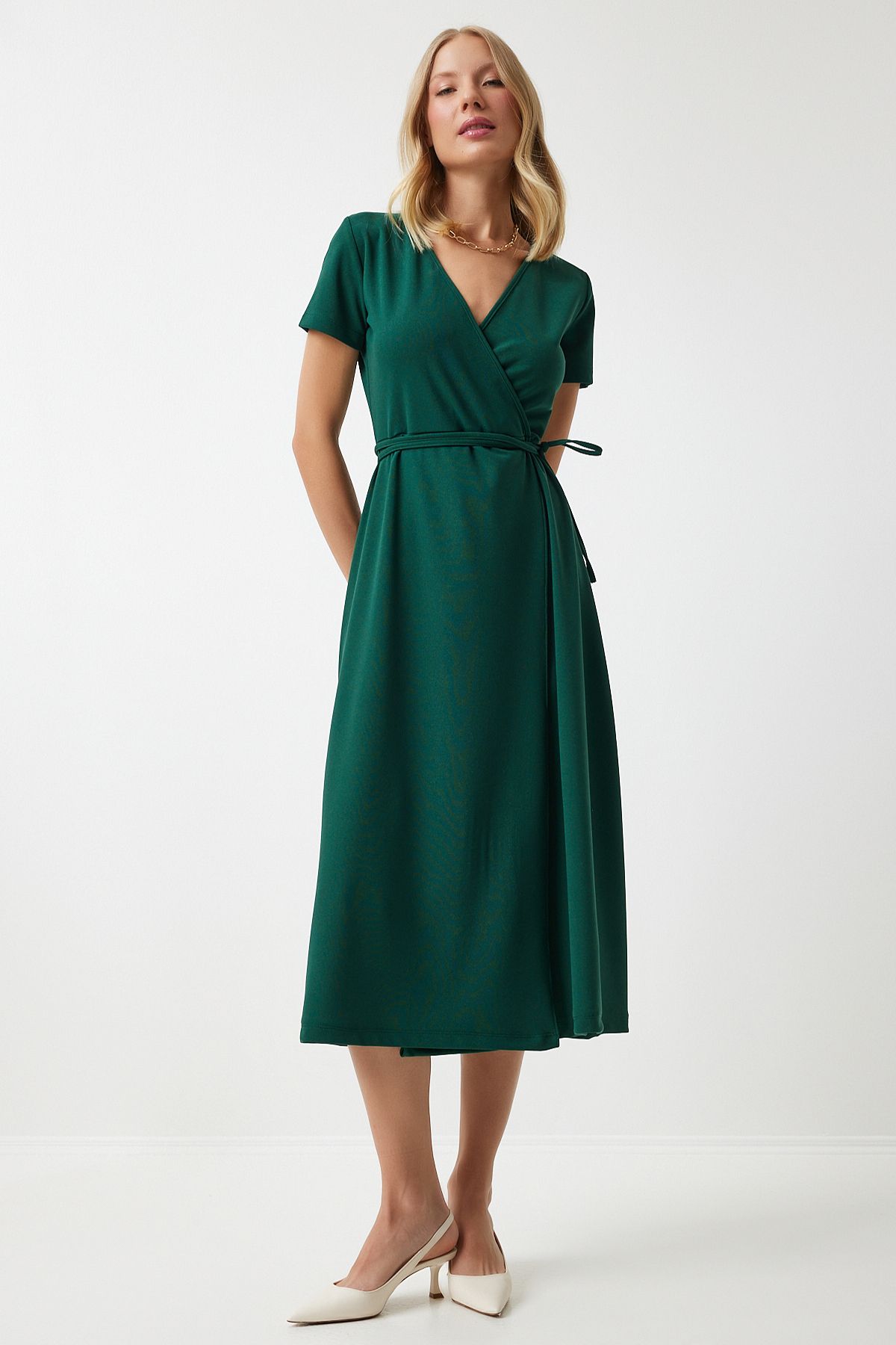 Female Emerald Green V -Yaka Anvelop Midi Knitting Dress to00134