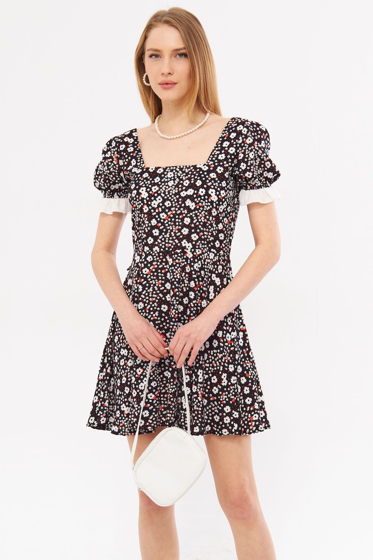 Female black front rear backflower strap detailed dot watermelon sleeve kloş mini dress ARM-24Y001051
