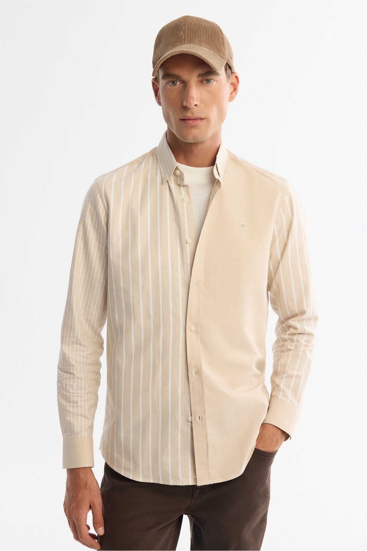 Men's beige button collar 100 %cotton striped shirt A42Y2044