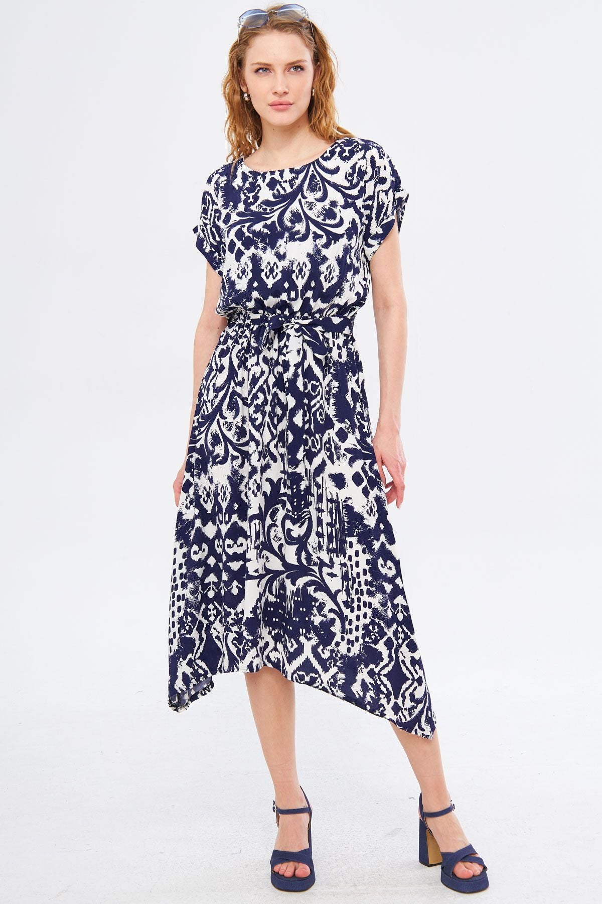 Woman Dark Navy Blind Waist Luckling Patterned Dress ARM-221044