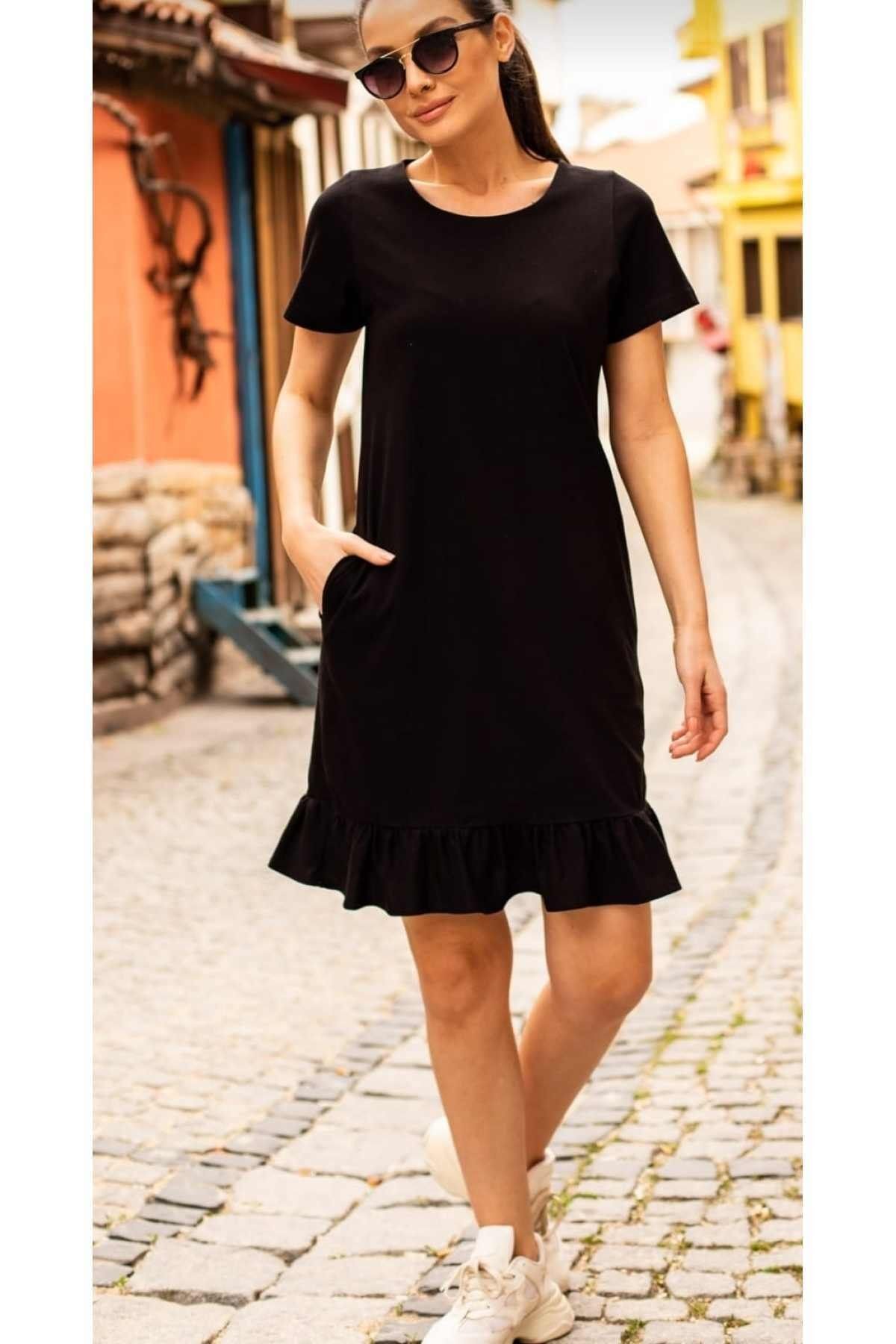 Woman Black Short Sleeve Six Ruffle Dress ARM-20Y001032