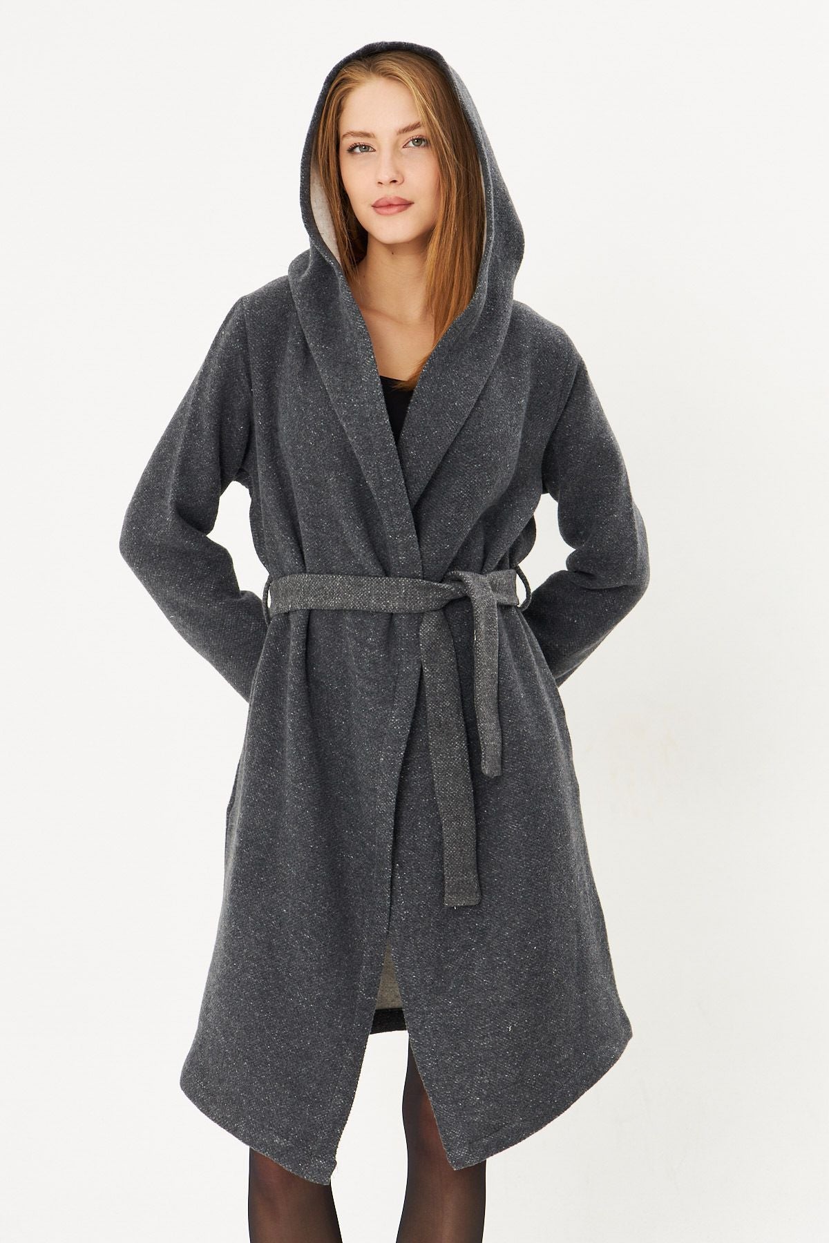 Woman anthracite hooded waist waist mobile detailed coat ARM-25K001054