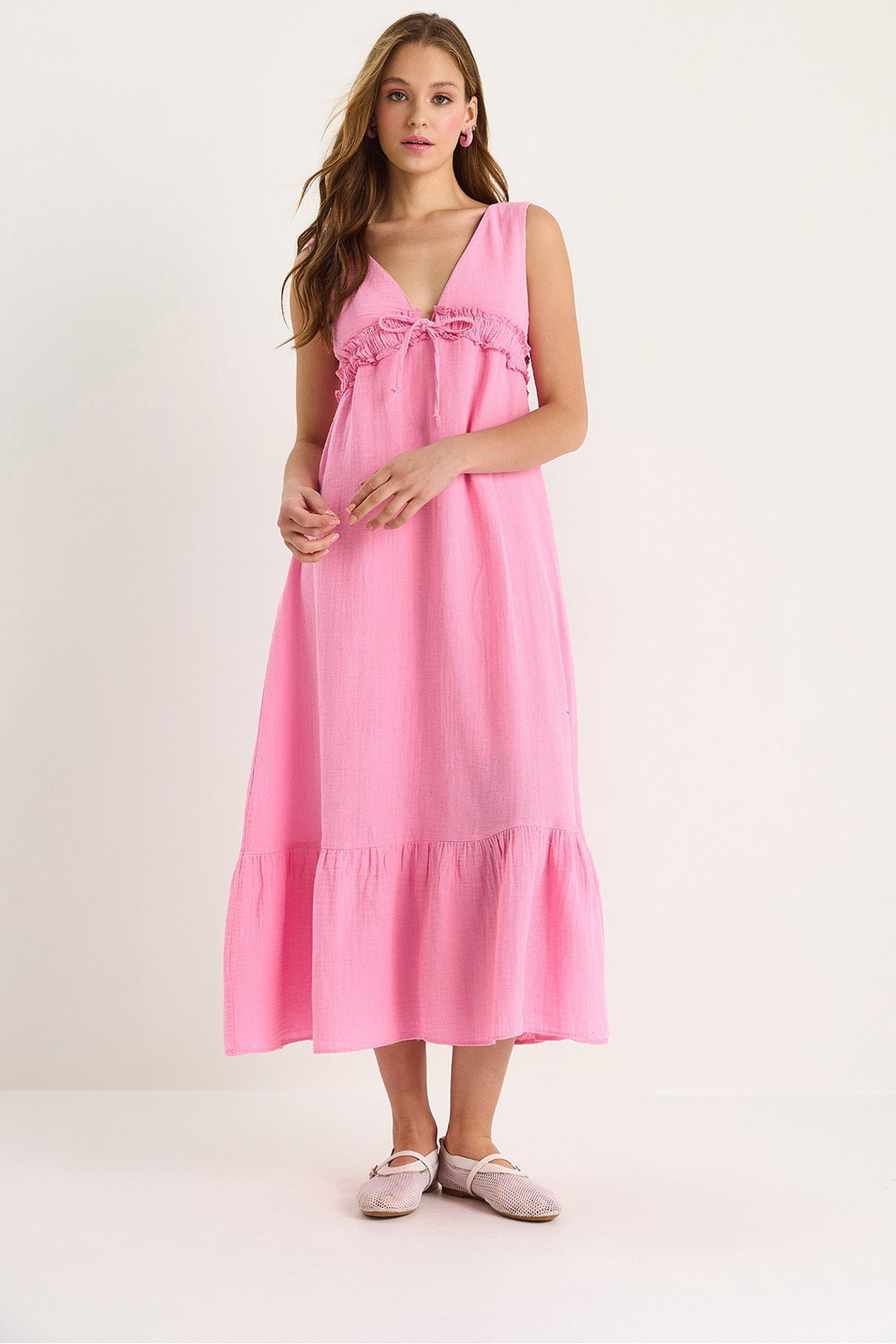 Women's V-Neck Tie Detailed Lined Muslin Dress 3043 60283456