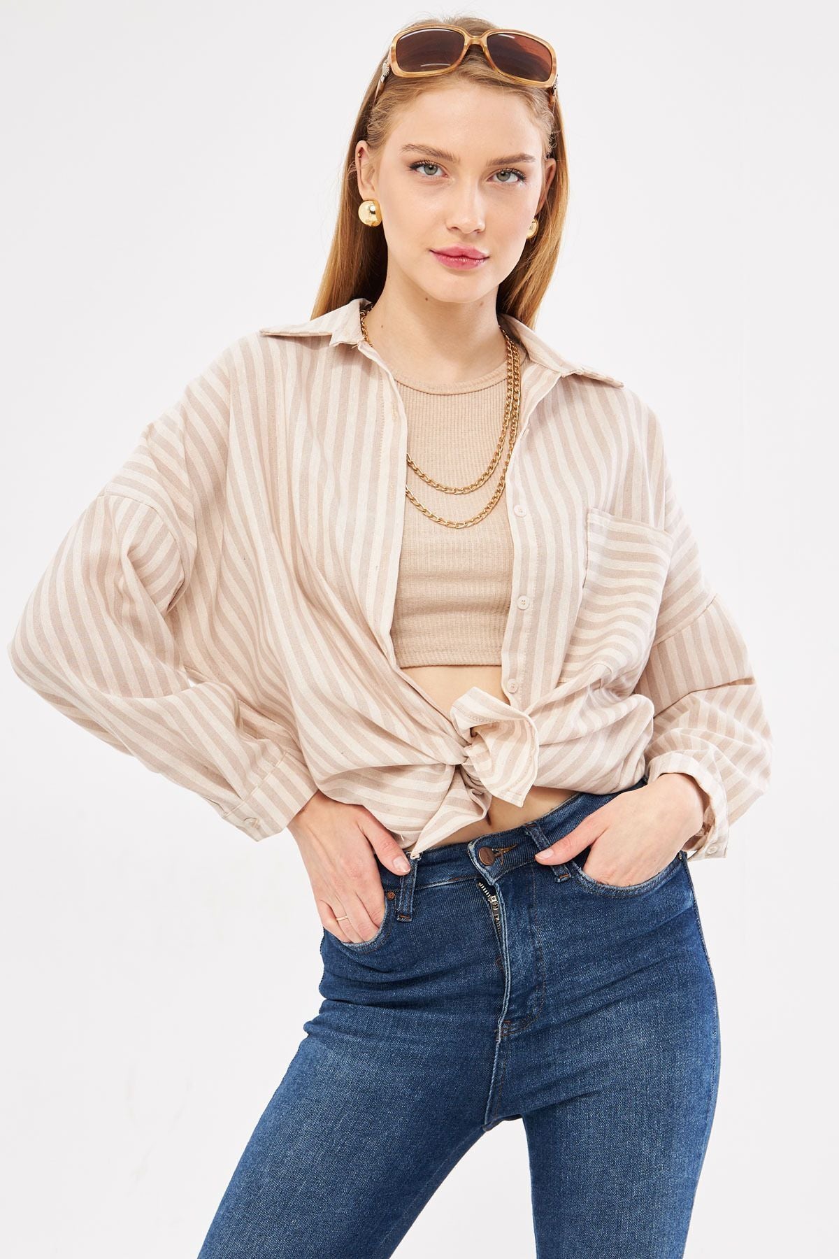 Female mink striped long arm pocket detailed pleatedly overlaw shirt ARM-24Y001057
