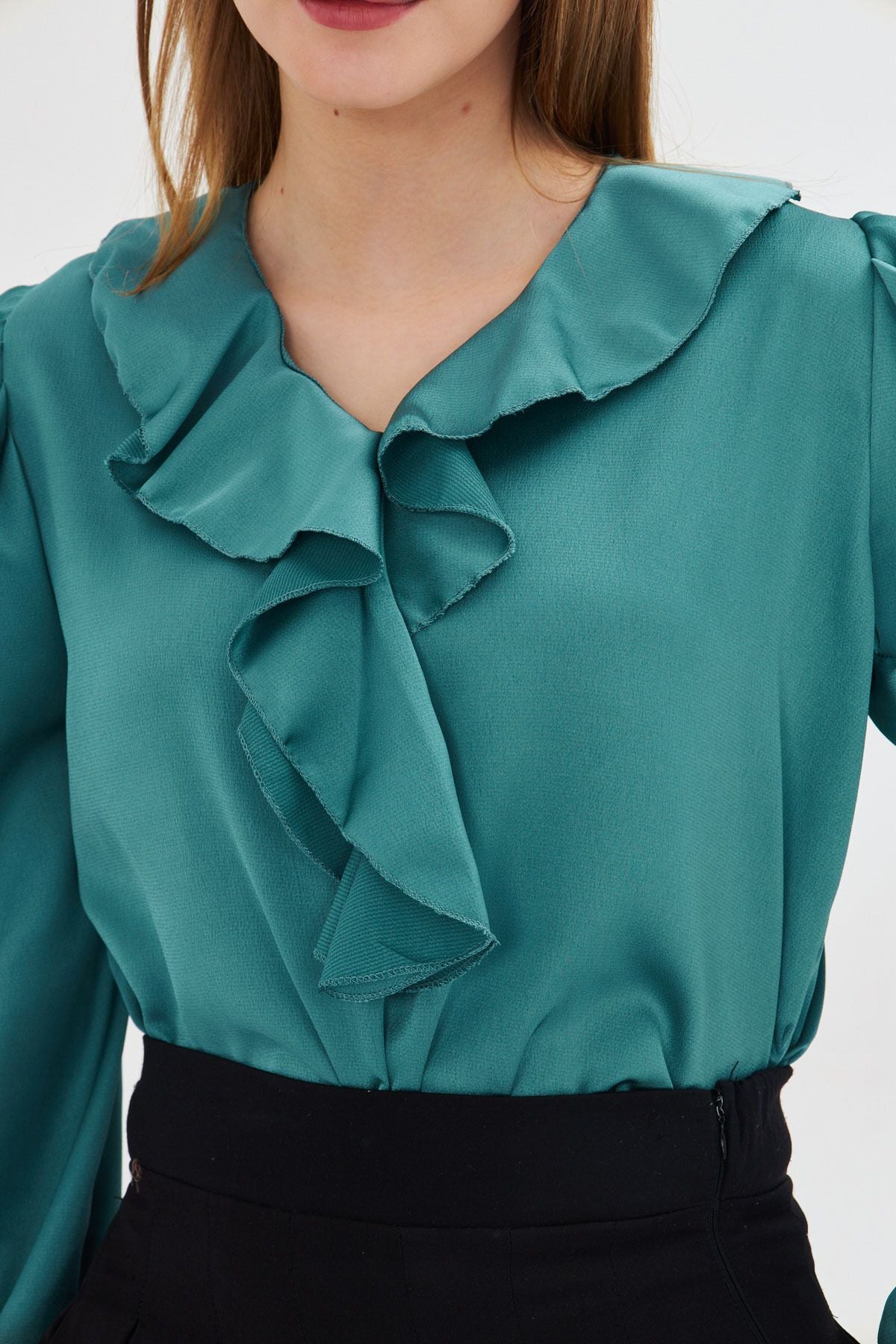 Female turquoise collar frilled shoulder shirred arm rubber Satin blouse ARM-22K001059