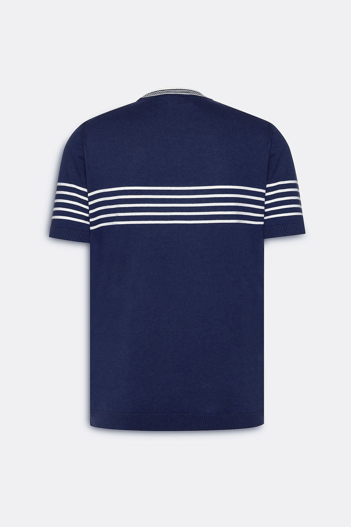 Men's Navy Blue-White Standard Fit Normal Normal Cut 100 %Cotton Striped Bicycle Yaka Triko T-shirt