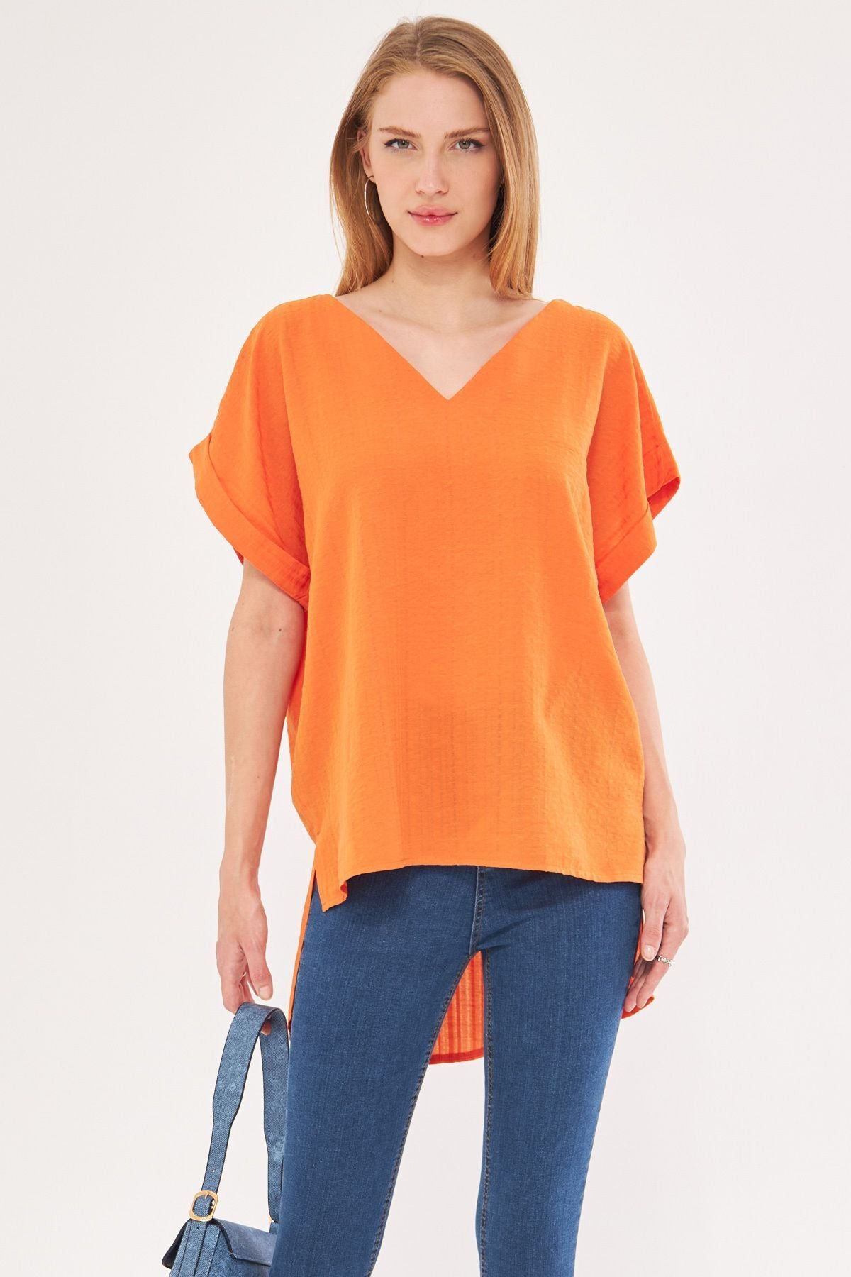 Women's Orange V-Neck Sides with Slit Long Dual Arm Detailed Oversize Blouse ARM-24Y001074