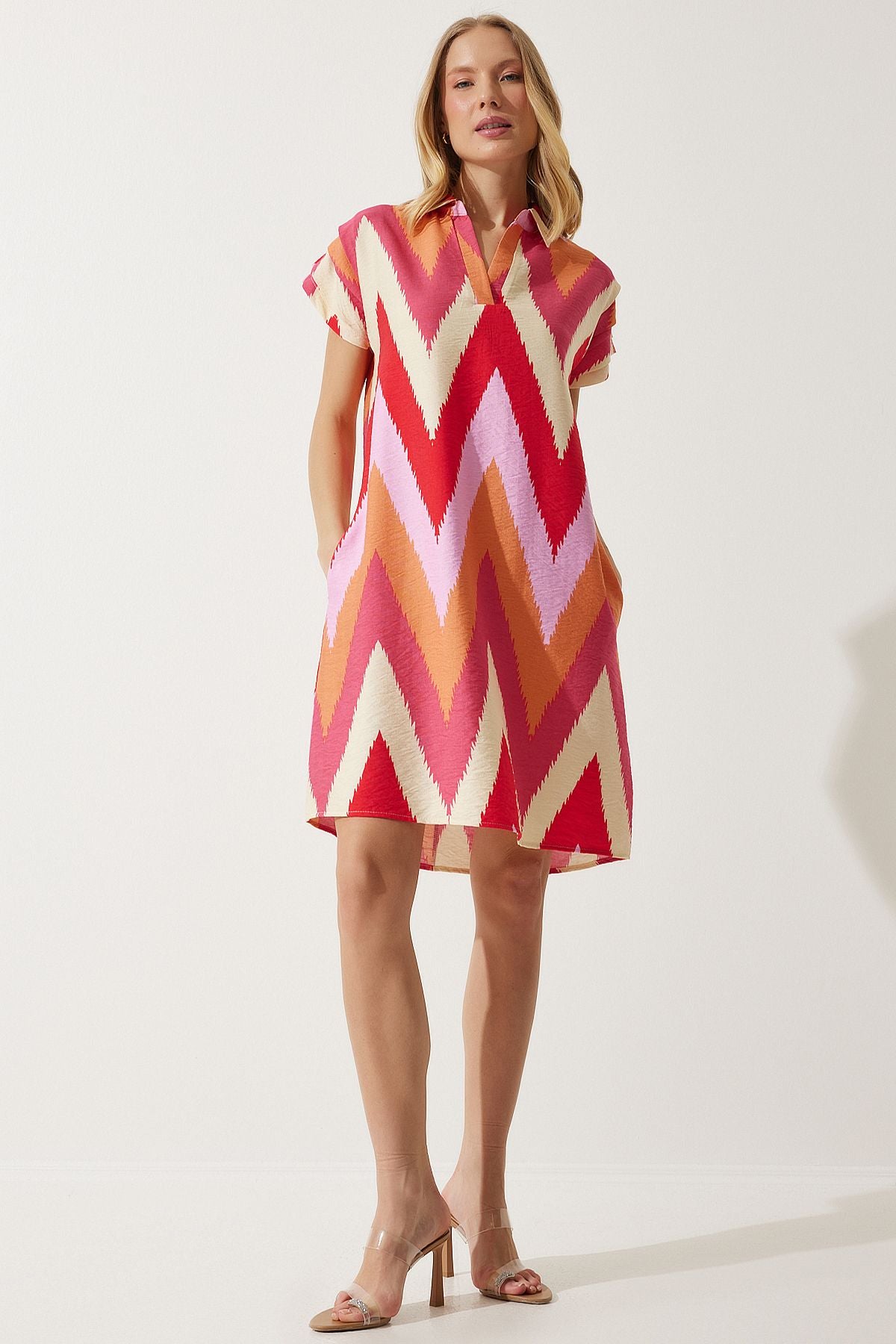 Woman Red Cream Polo Yaka Patterned Summer Dress of00001