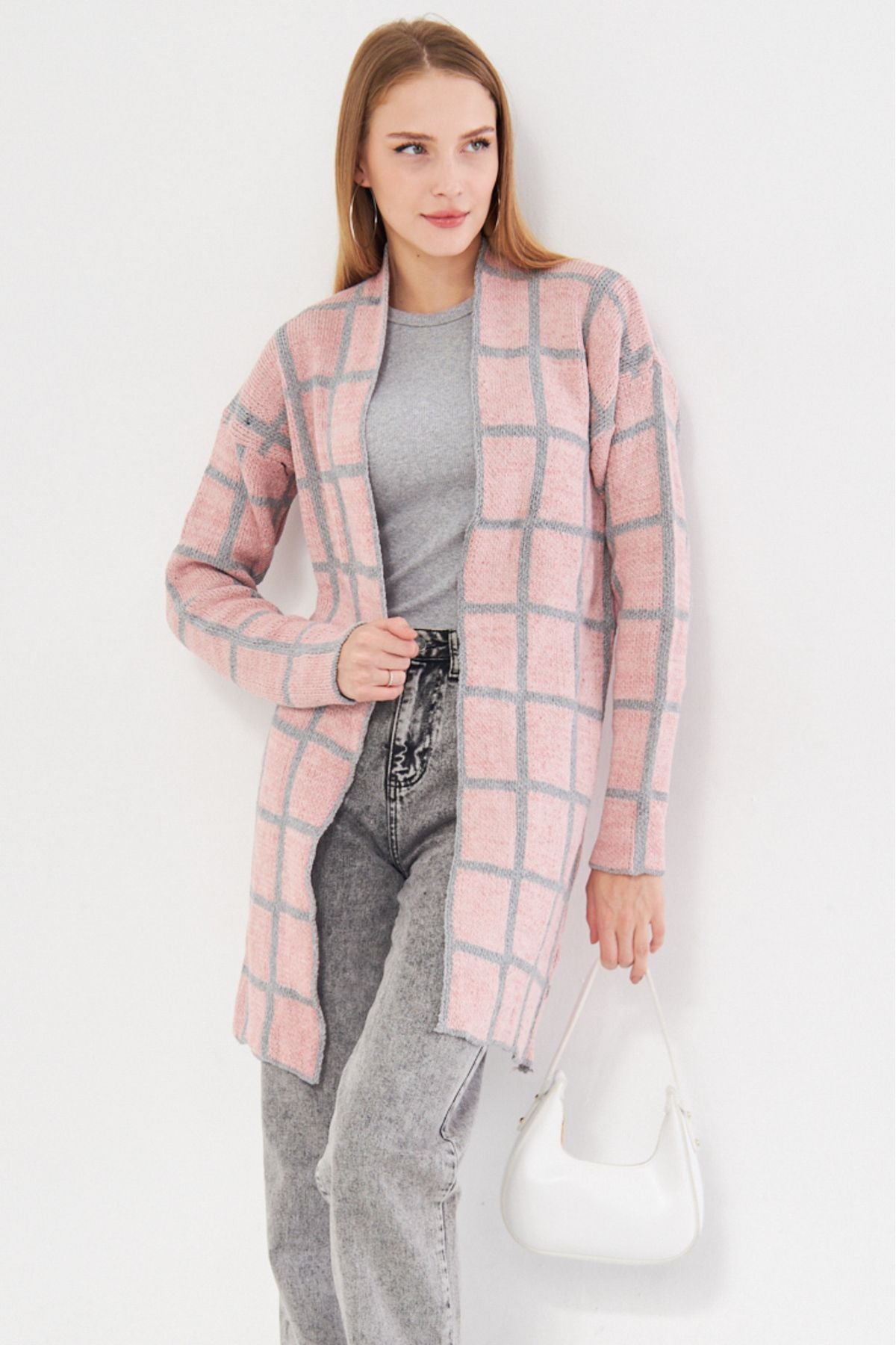 Woman Pink Square Patterned Long Knitwear Cardigan ARM-25K012007