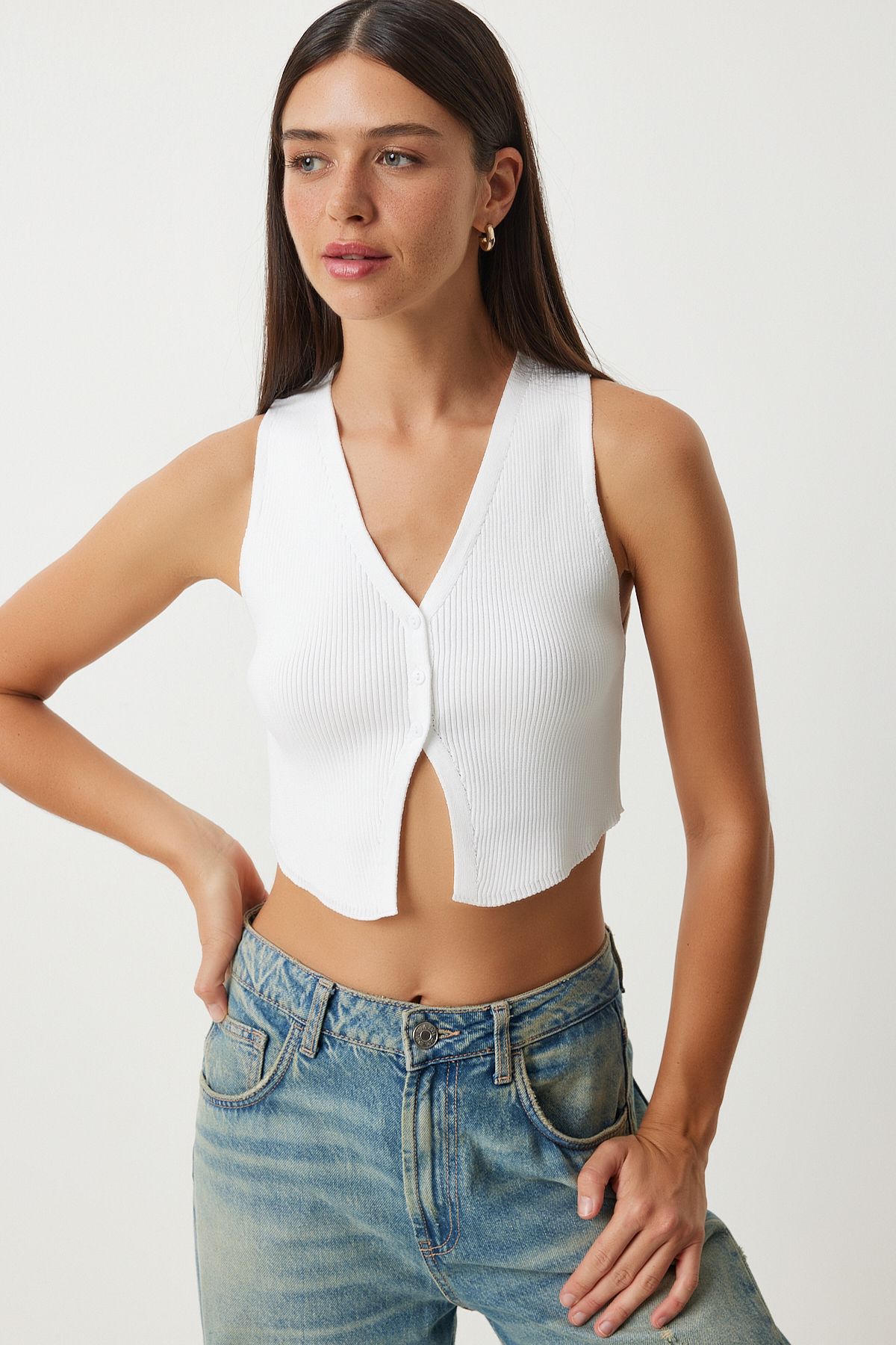 WOMEN WHITE V -YAKA CROP knitwear Vest YY00218