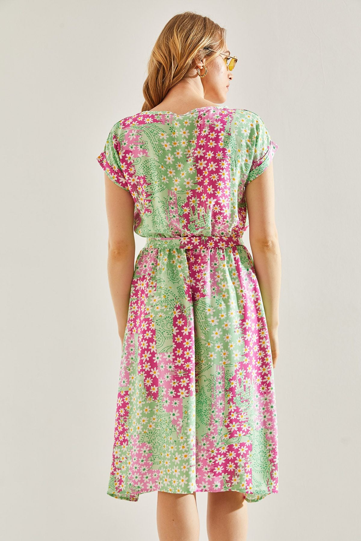 Female belt patterned viscose dress 60221003