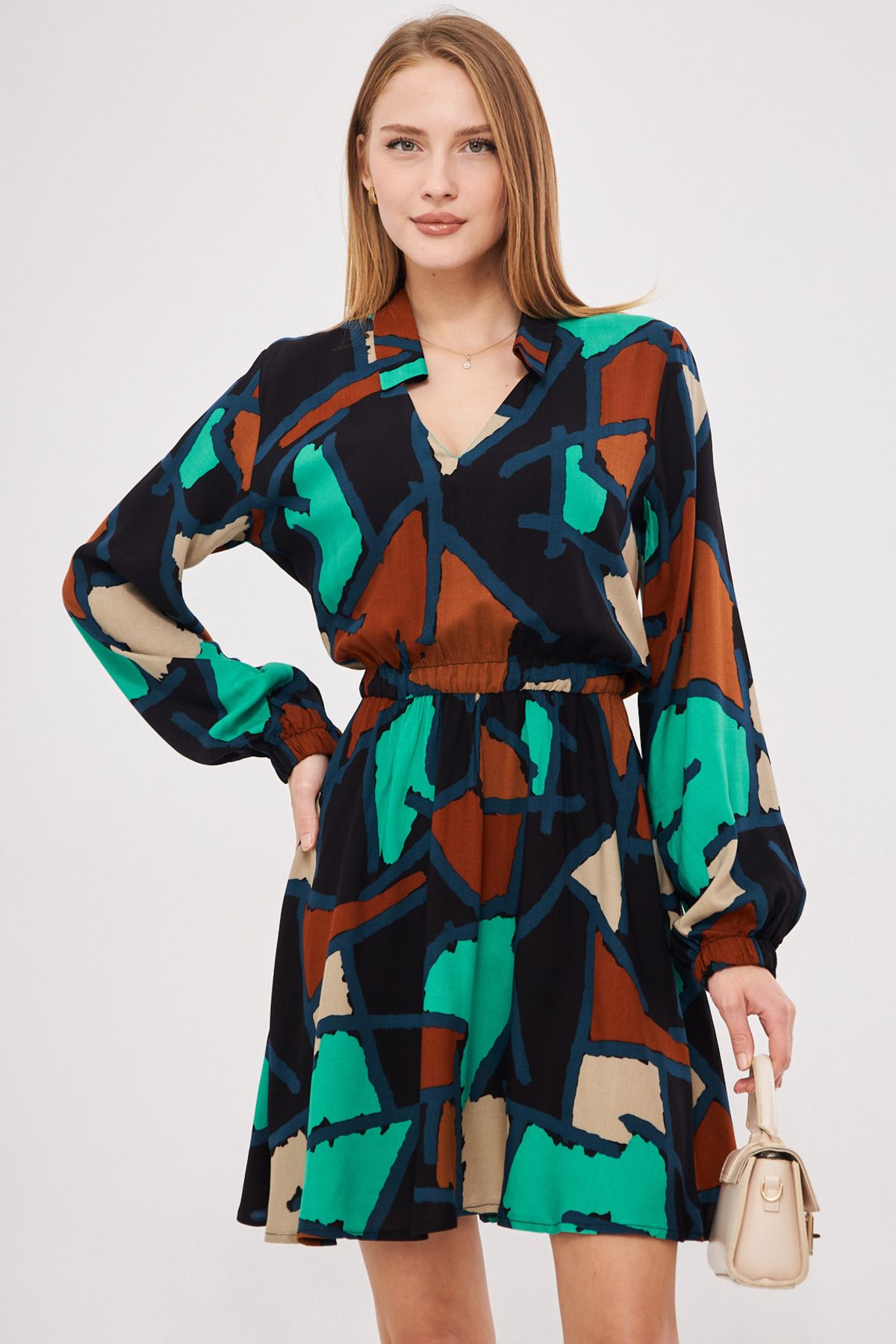 Female turquoise shirt collar detailed waist arm tire closes dress ARM-25K001043