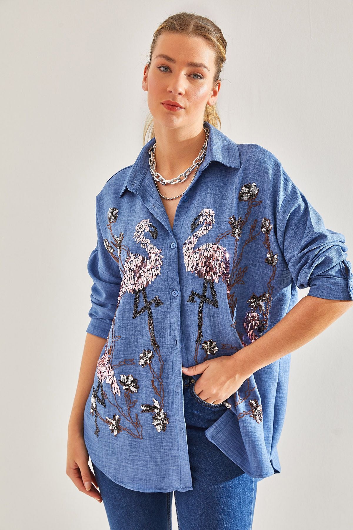 Female Flamingo Stamp Embroidered Sofia Keten Shirt 60181012