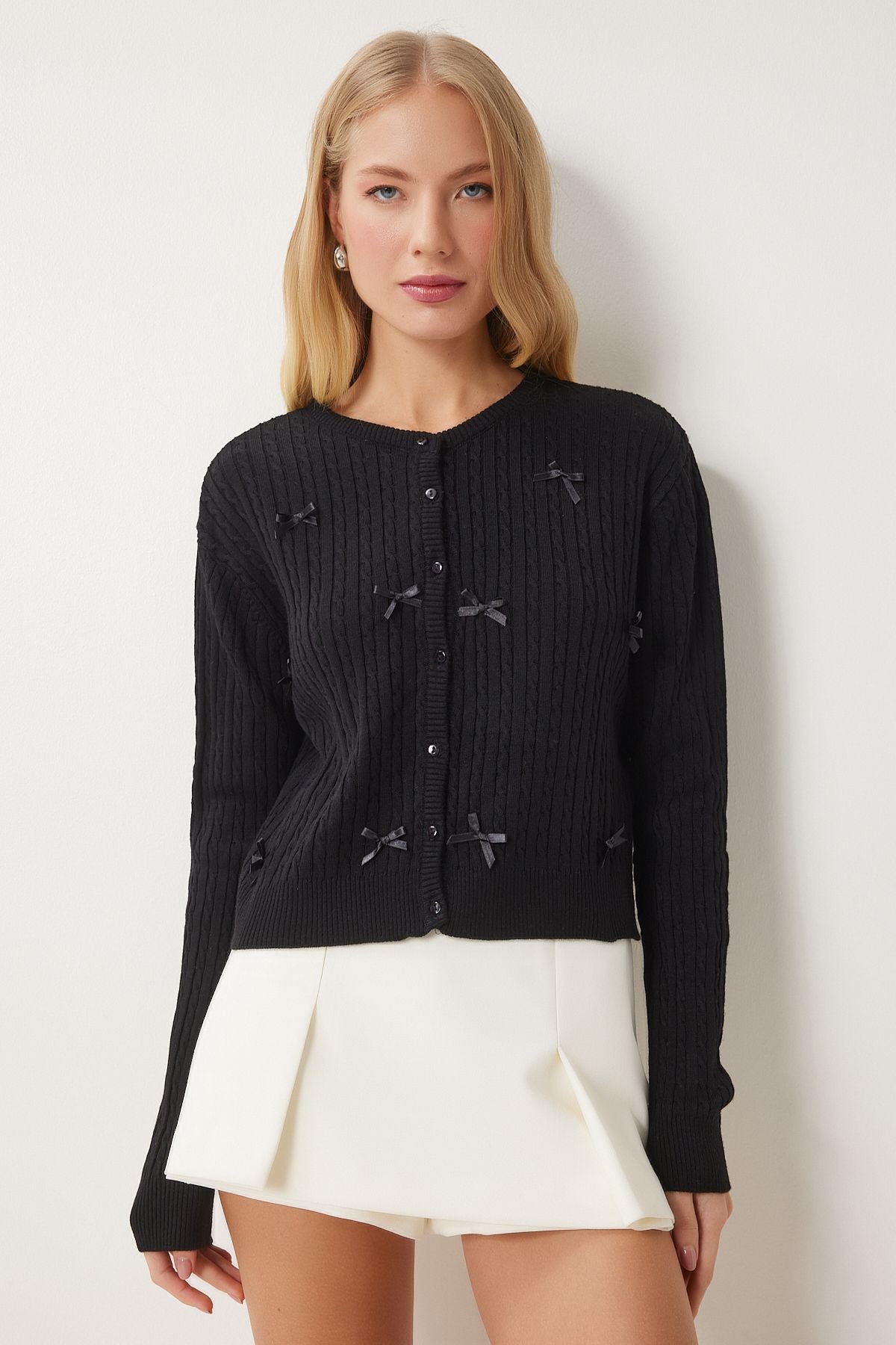 Women's black bow knit knitwear cardigan PF00102