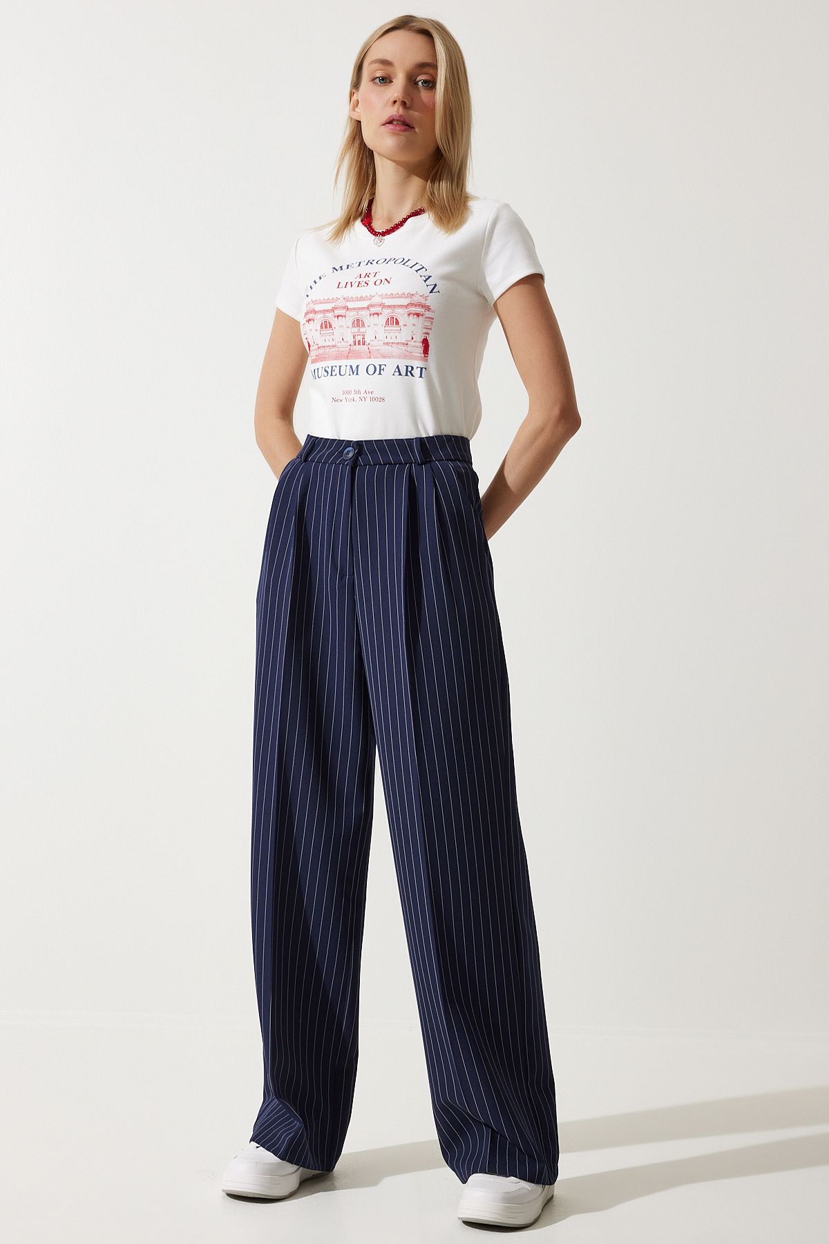 Woman Navy blue fine striped masculine palazzo pants DW00005